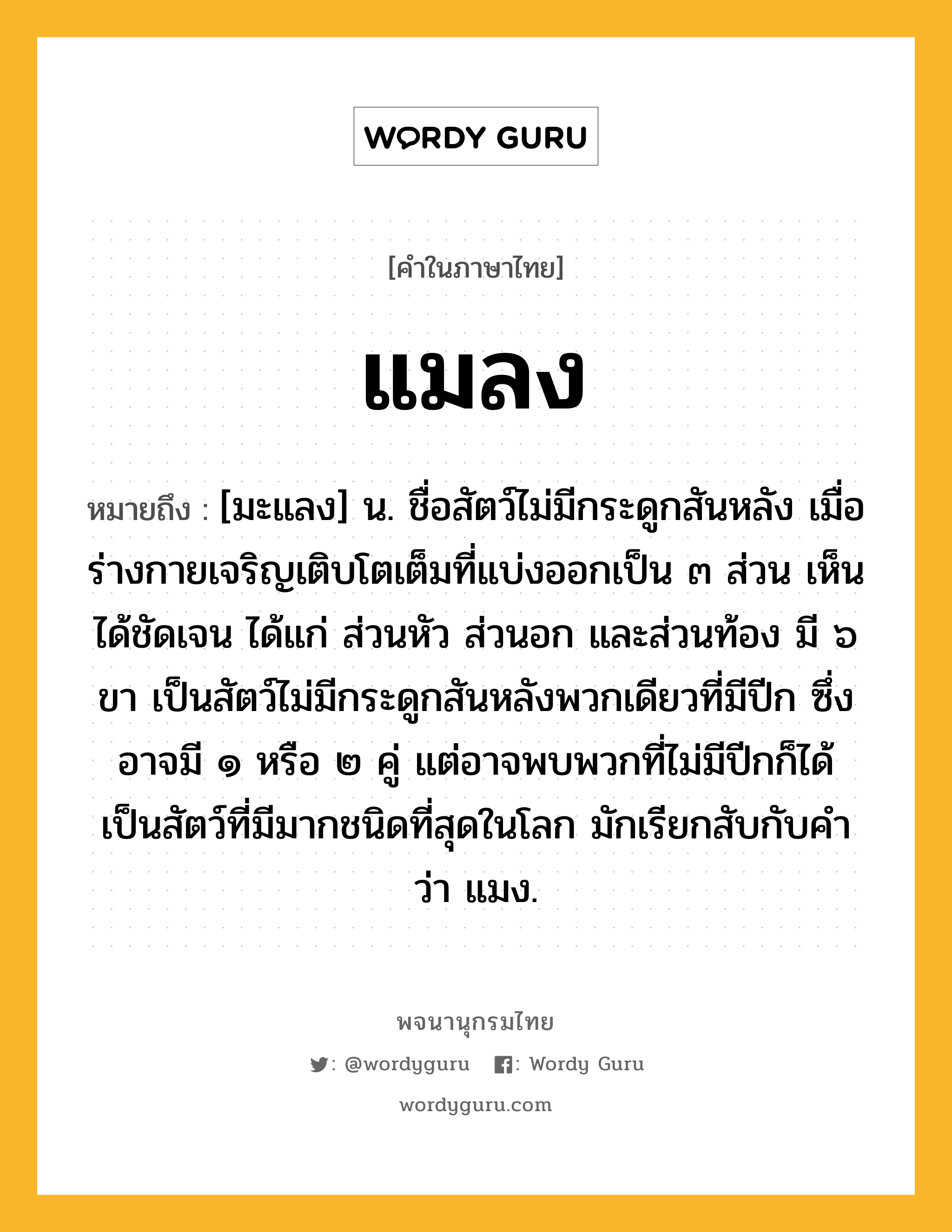 แมลง ความหมาย หมายถึงอะไร?, คำในภาษาไทย แมลง หมายถึง [มะแลง] น. ชื่อสัตว์ไม่มีกระดูกสันหลัง เมื่อร่างกายเจริญเติบโตเต็มที่แบ่งออกเป็น ๓ ส่วน เห็นได้ชัดเจน ได้แก่ ส่วนหัว ส่วนอก และส่วนท้อง มี ๖ ขา เป็นสัตว์ไม่มีกระดูกสันหลังพวกเดียวที่มีปีก ซึ่งอาจมี ๑ หรือ ๒ คู่ แต่อาจพบพวกที่ไม่มีปีกก็ได้ เป็นสัตว์ที่มีมากชนิดที่สุดในโลก มักเรียกสับกับคําว่า แมง.