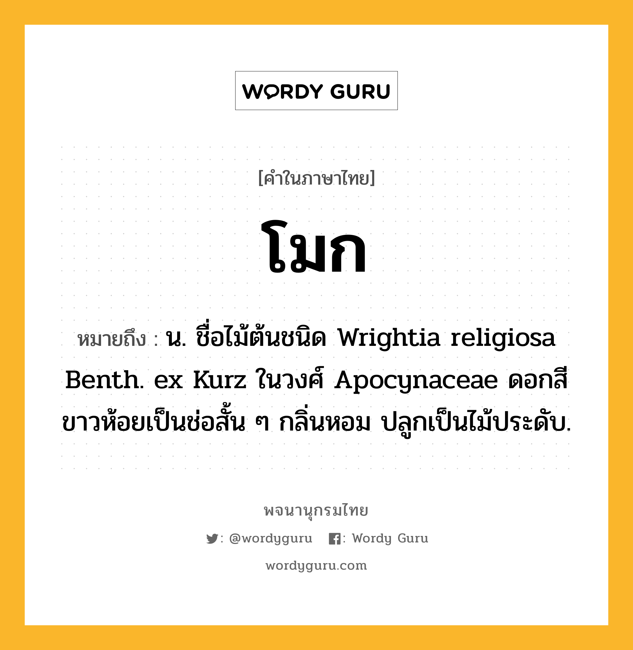 โมก ความหมาย หมายถึงอะไร?, คำในภาษาไทย โมก หมายถึง น. ชื่อไม้ต้นชนิด Wrightia religiosa Benth. ex Kurz ในวงศ์ Apocynaceae ดอกสีขาวห้อยเป็นช่อสั้น ๆ กลิ่นหอม ปลูกเป็นไม้ประดับ.