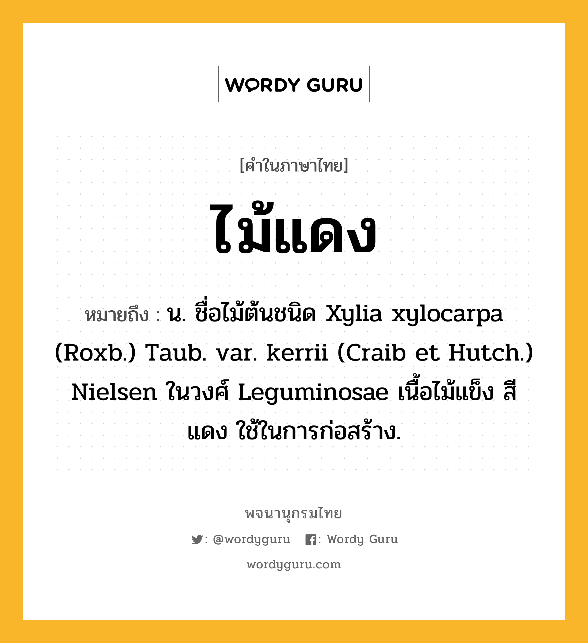 ไม้แดง ความหมาย หมายถึงอะไร?, คำในภาษาไทย ไม้แดง หมายถึง น. ชื่อไม้ต้นชนิด Xylia xylocarpa (Roxb.) Taub. var. kerrii (Craib et Hutch.) Nielsen ในวงศ์ Leguminosae เนื้อไม้แข็ง สีแดง ใช้ในการก่อสร้าง.