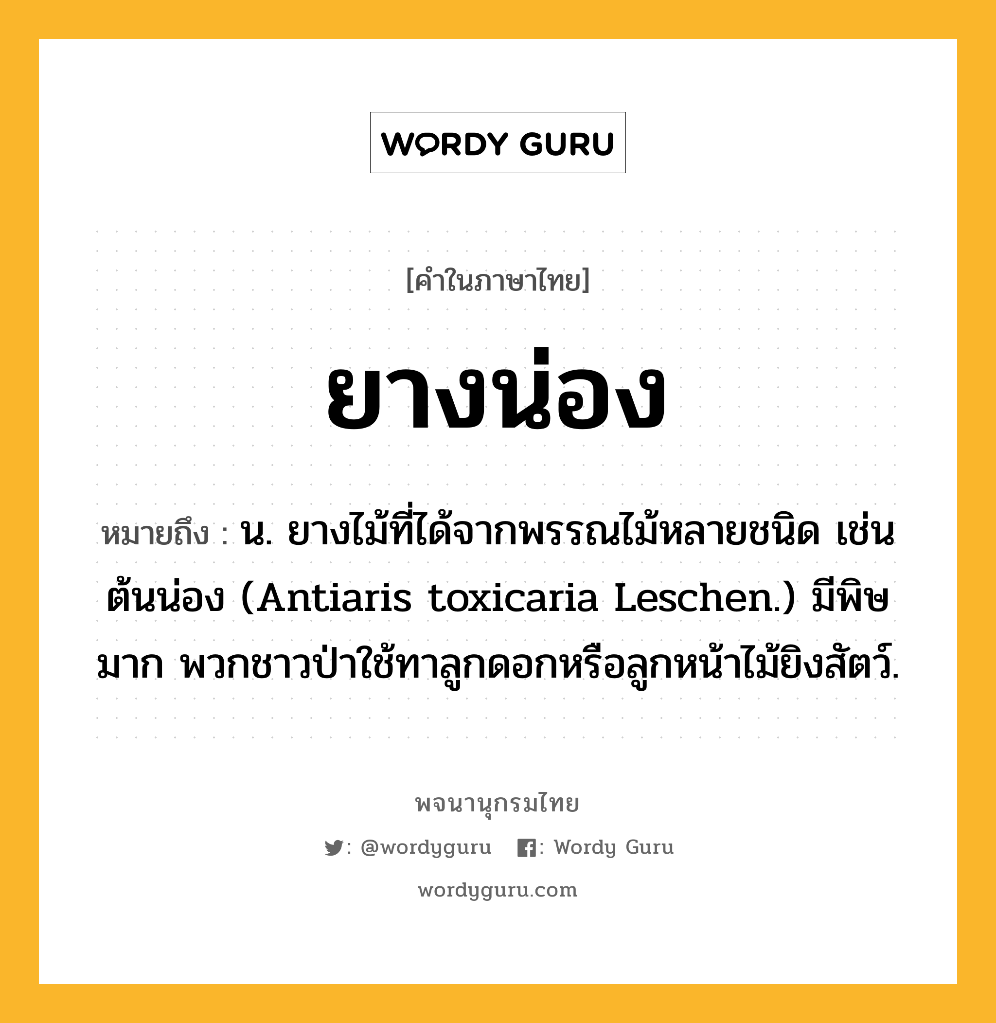 ยางน่อง ความหมาย หมายถึงอะไร?, คำในภาษาไทย ยางน่อง หมายถึง น. ยางไม้ที่ได้จากพรรณไม้หลายชนิด เช่น ต้นน่อง (Antiaris toxicaria Leschen.) มีพิษมาก พวกชาวป่าใช้ทาลูกดอกหรือลูกหน้าไม้ยิงสัตว์.