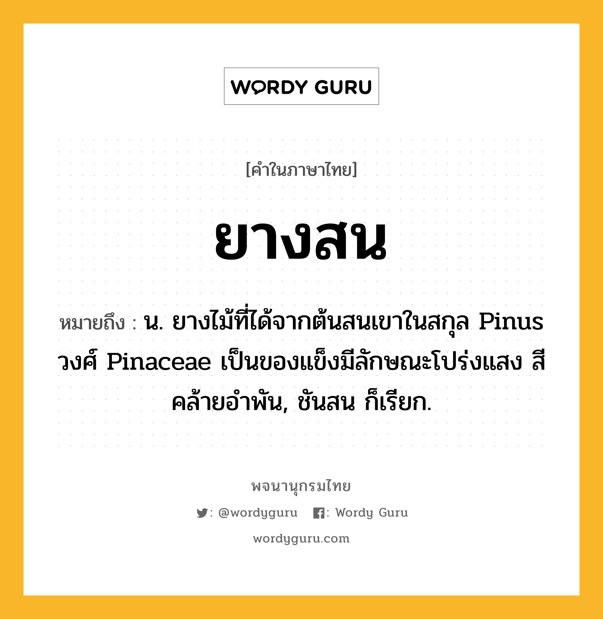 ยางสน ความหมาย หมายถึงอะไร?, คำในภาษาไทย ยางสน หมายถึง น. ยางไม้ที่ได้จากต้นสนเขาในสกุล Pinus วงศ์ Pinaceae เป็นของแข็งมีลักษณะโปร่งแสง สีคล้ายอำพัน, ชันสน ก็เรียก.