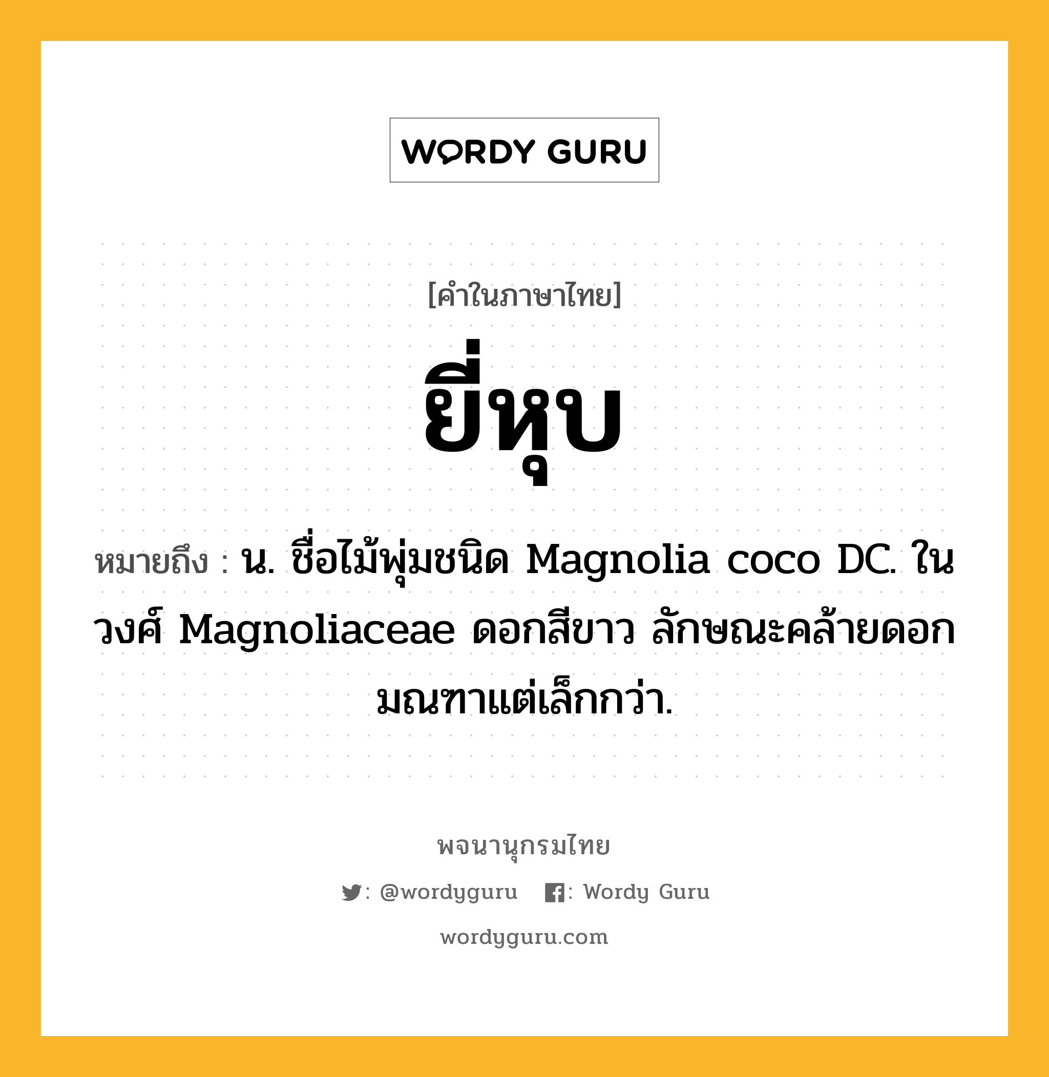 ยี่หุบ ความหมาย หมายถึงอะไร?, คำในภาษาไทย ยี่หุบ หมายถึง น. ชื่อไม้พุ่มชนิด Magnolia coco DC. ในวงศ์ Magnoliaceae ดอกสีขาว ลักษณะคล้ายดอกมณฑาแต่เล็กกว่า.