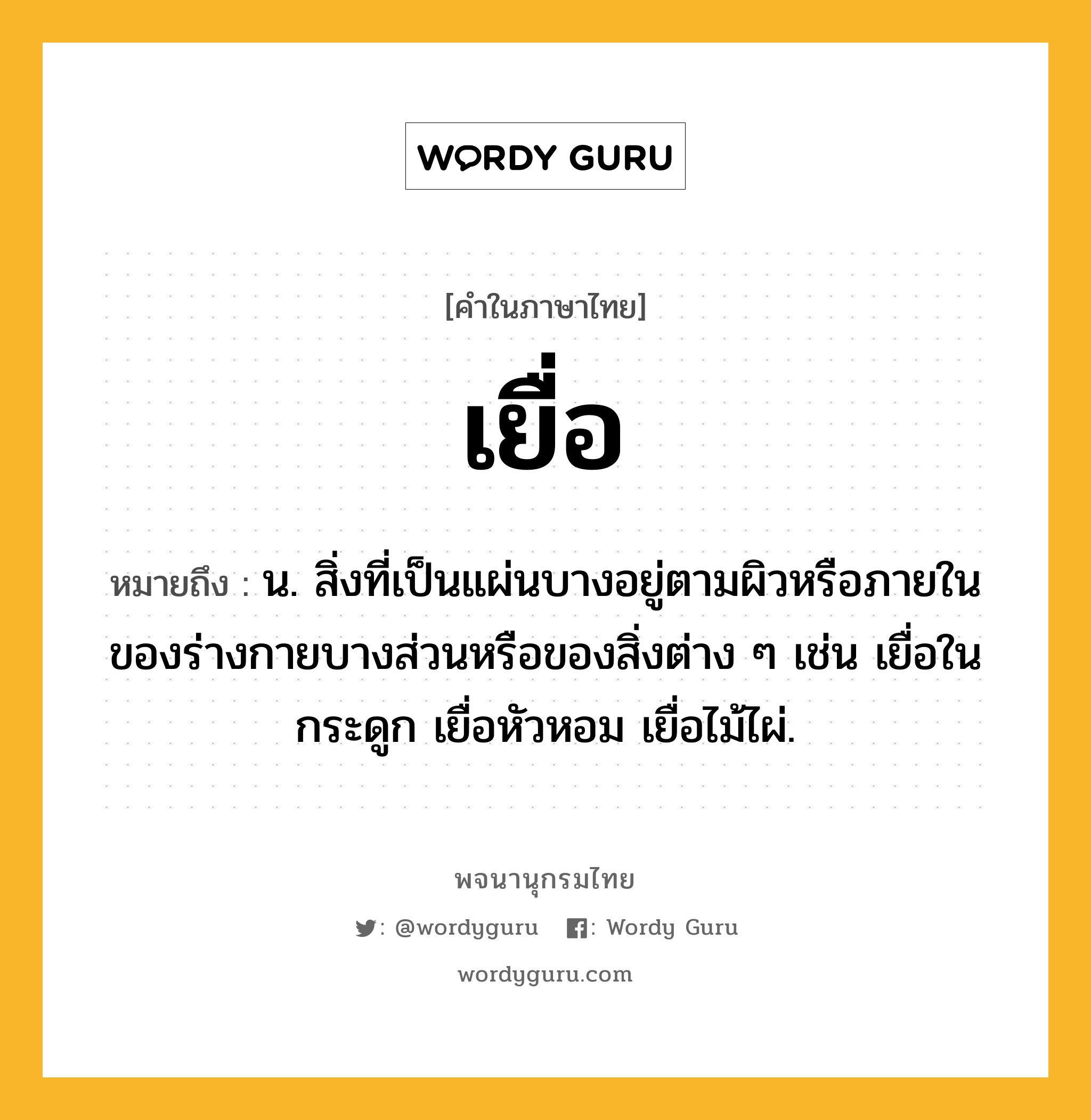 เยื่อ ความหมาย หมายถึงอะไร?, คำในภาษาไทย เยื่อ หมายถึง น. สิ่งที่เป็นแผ่นบางอยู่ตามผิวหรือภายในของร่างกายบางส่วนหรือของสิ่งต่าง ๆ เช่น เยื่อในกระดูก เยื่อหัวหอม เยื่อไม้ไผ่.