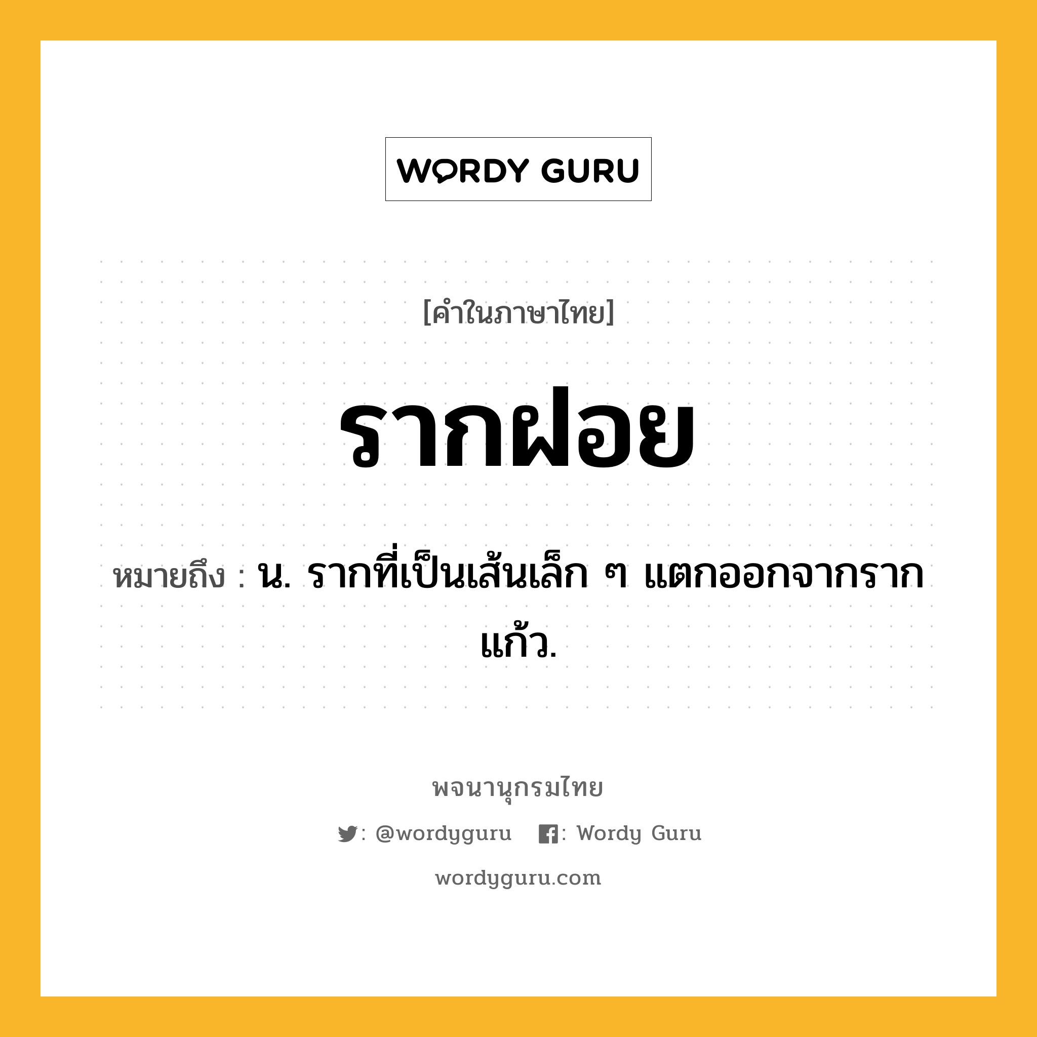 รากฝอย ความหมาย หมายถึงอะไร?, คำในภาษาไทย รากฝอย หมายถึง น. รากที่เป็นเส้นเล็ก ๆ แตกออกจากรากแก้ว.