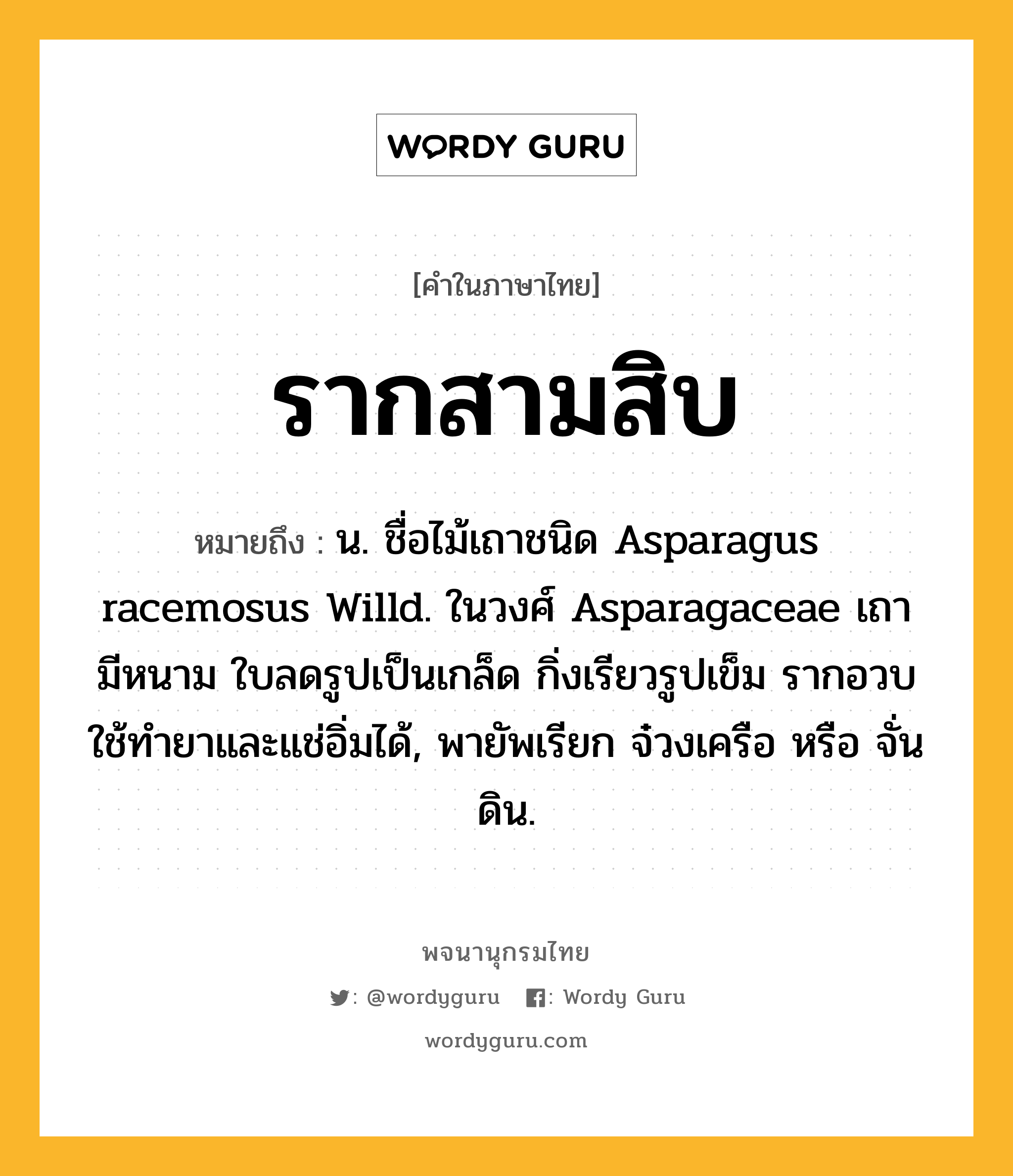 รากสามสิบ ความหมาย หมายถึงอะไร?, คำในภาษาไทย รากสามสิบ หมายถึง น. ชื่อไม้เถาชนิด Asparagus racemosus Willd. ในวงศ์ Asparagaceae เถามีหนาม ใบลดรูปเป็นเกล็ด กิ่งเรียวรูปเข็ม รากอวบใช้ทํายาและแช่อิ่มได้, พายัพเรียก จ๋วงเครือ หรือ จั่นดิน.