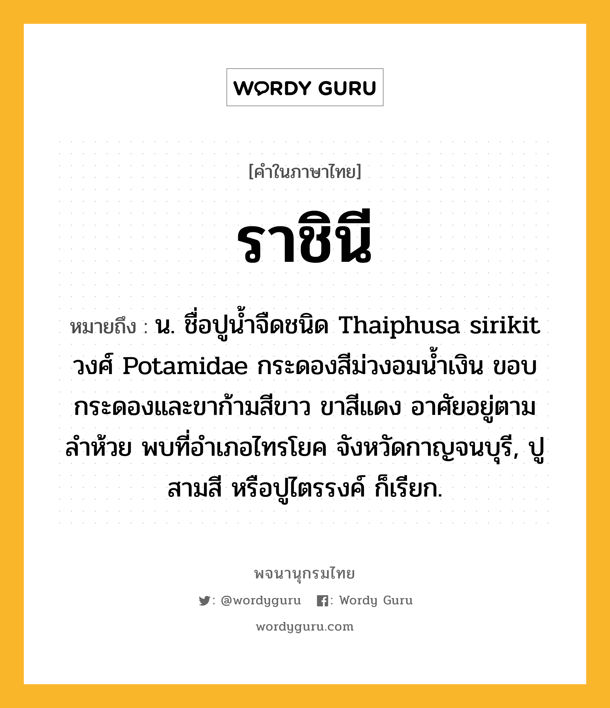 ราชินี ความหมาย หมายถึงอะไร?, คำในภาษาไทย ราชินี หมายถึง น. ชื่อปูน้ำจืดชนิด Thaiphusa sirikit วงศ์ Potamidae กระดองสีม่วงอมน้ำเงิน ขอบกระดองและขาก้ามสีขาว ขาสีแดง อาศัยอยู่ตามลำห้วย พบที่อำเภอไทรโยค จังหวัดกาญจนบุรี, ปูสามสี หรือปูไตรรงค์ ก็เรียก.