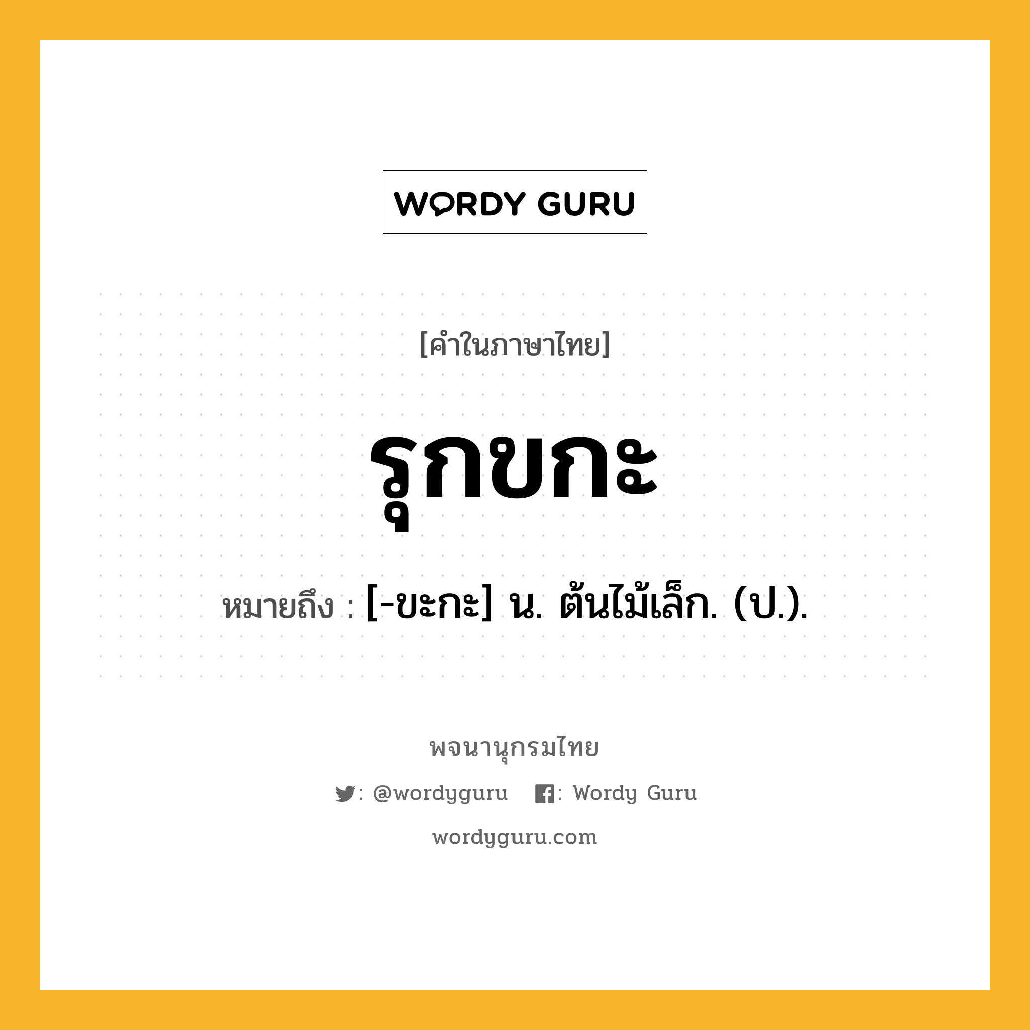 รุกขกะ ความหมาย หมายถึงอะไร?, คำในภาษาไทย รุกขกะ หมายถึง [-ขะกะ] น. ต้นไม้เล็ก. (ป.).