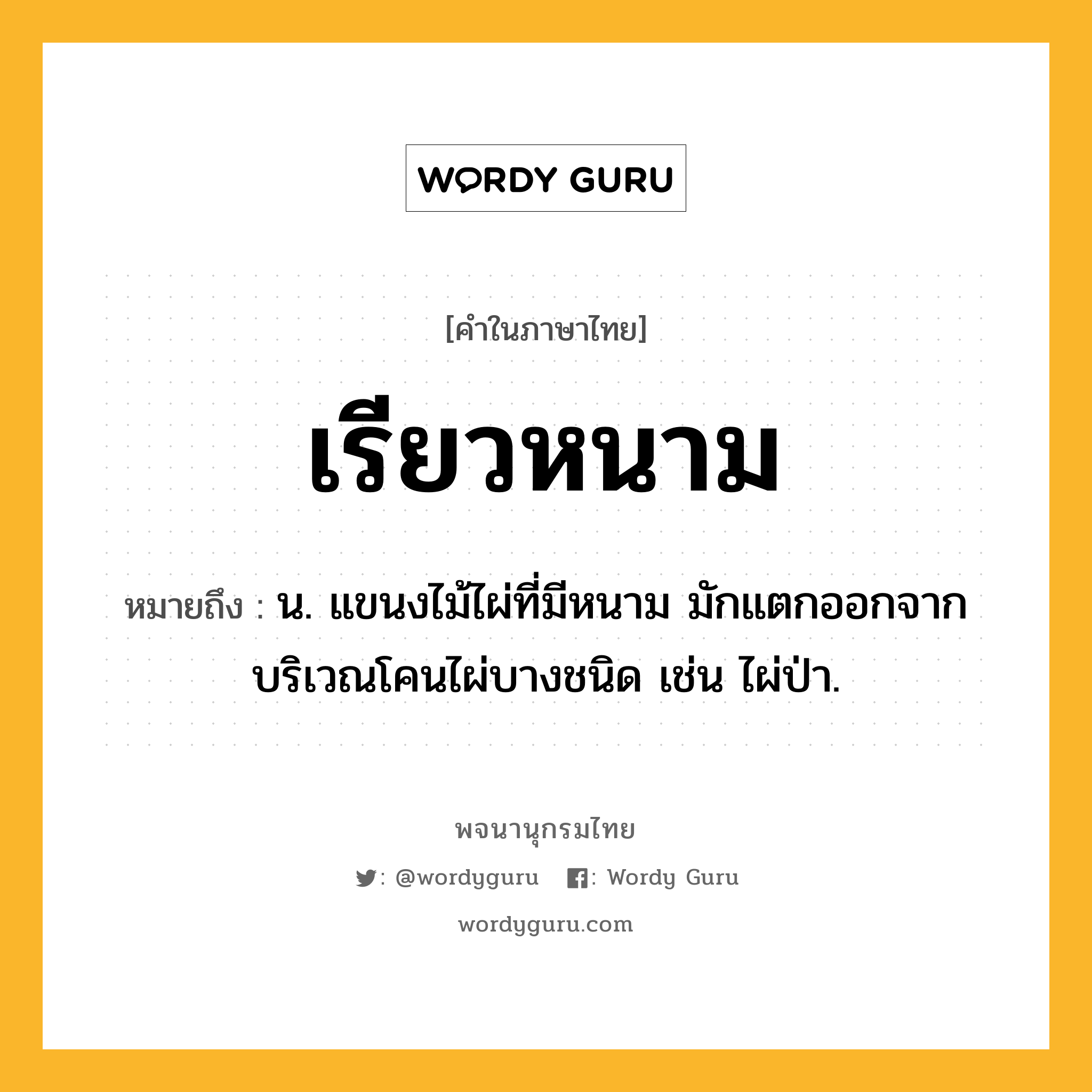 เรียวหนาม ความหมาย หมายถึงอะไร?, คำในภาษาไทย เรียวหนาม หมายถึง น. แขนงไม้ไผ่ที่มีหนาม มักแตกออกจากบริเวณโคนไผ่บางชนิด เช่น ไผ่ป่า.