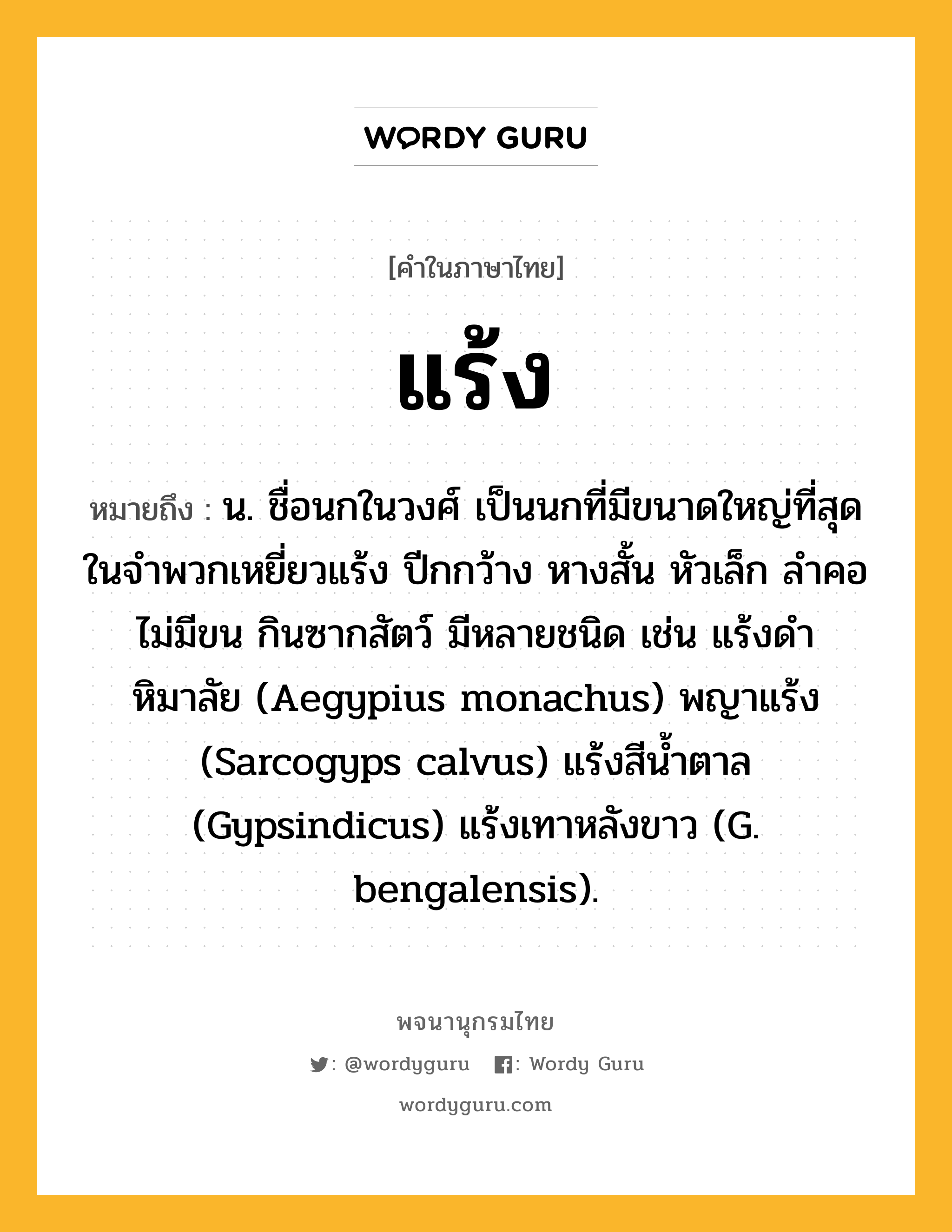 แร้ง ความหมาย หมายถึงอะไร?, คำในภาษาไทย แร้ง หมายถึง น. ชื่อนกในวงศ์ เป็นนกที่มีขนาดใหญ่ที่สุดในจําพวกเหยี่ยวแร้ง ปีกกว้าง หางสั้น หัวเล็ก ลําคอไม่มีขน กินซากสัตว์ มีหลายชนิด เช่น แร้งดําหิมาลัย (Aegypius monachus) พญาแร้ง (Sarcogyps calvus) แร้งสีนํ้าตาล (Gypsindicus) แร้งเทาหลังขาว (G. bengalensis).