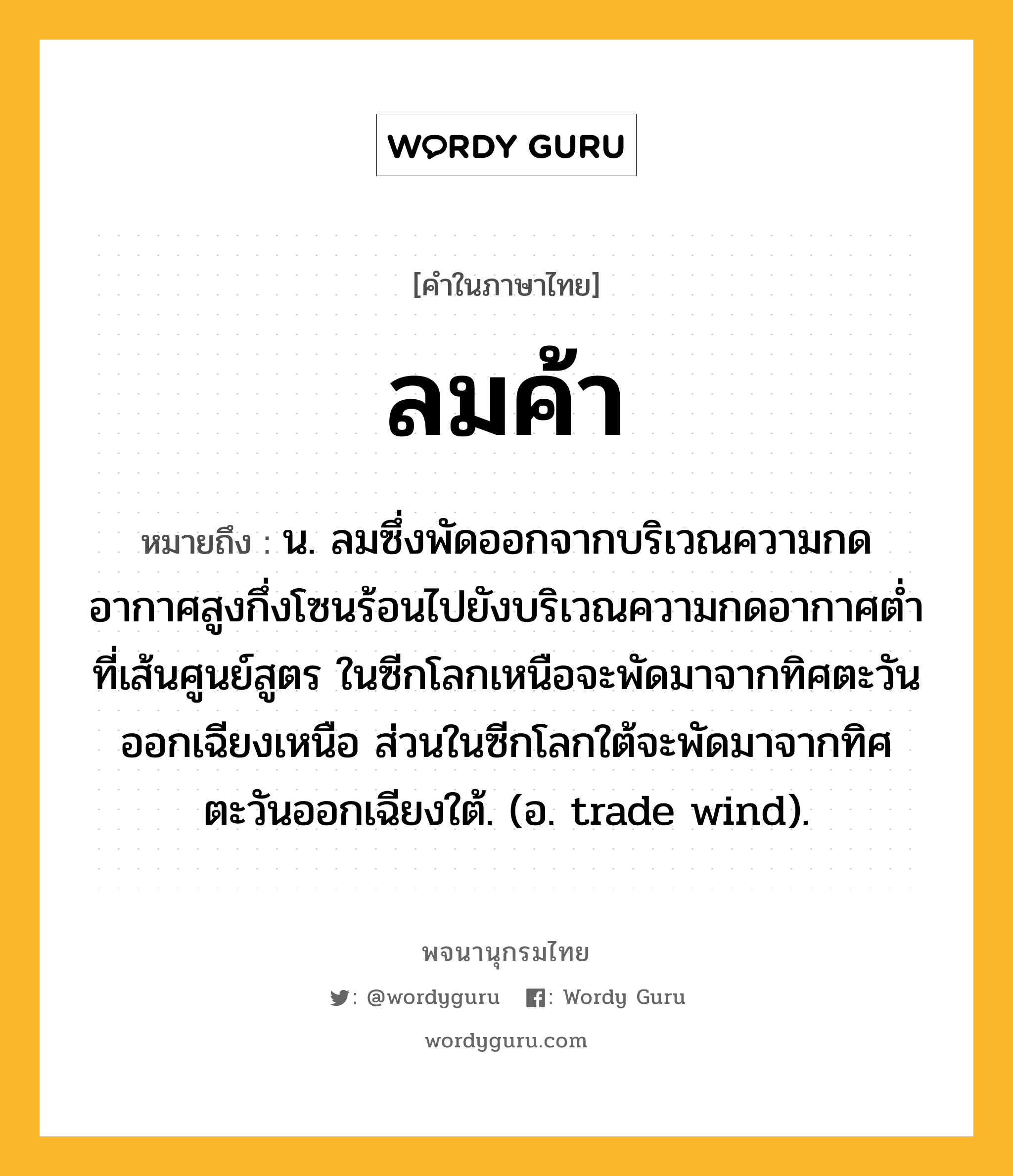 ลมค้า ความหมาย หมายถึงอะไร?, คำในภาษาไทย ลมค้า หมายถึง น. ลมซึ่งพัดออกจากบริเวณความกดอากาศสูงกึ่งโซนร้อนไปยังบริเวณความกดอากาศตํ่าที่เส้นศูนย์สูตร ในซีกโลกเหนือจะพัดมาจากทิศตะวันออกเฉียงเหนือ ส่วนในซีกโลกใต้จะพัดมาจากทิศตะวันออกเฉียงใต้. (อ. trade wind).