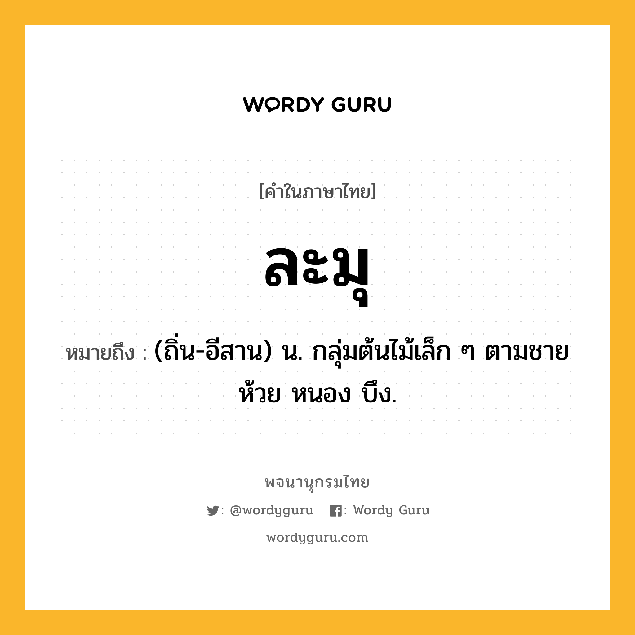 ละมุ ความหมาย หมายถึงอะไร?, คำในภาษาไทย ละมุ หมายถึง (ถิ่น-อีสาน) น. กลุ่มต้นไม้เล็ก ๆ ตามชายห้วย หนอง บึง.