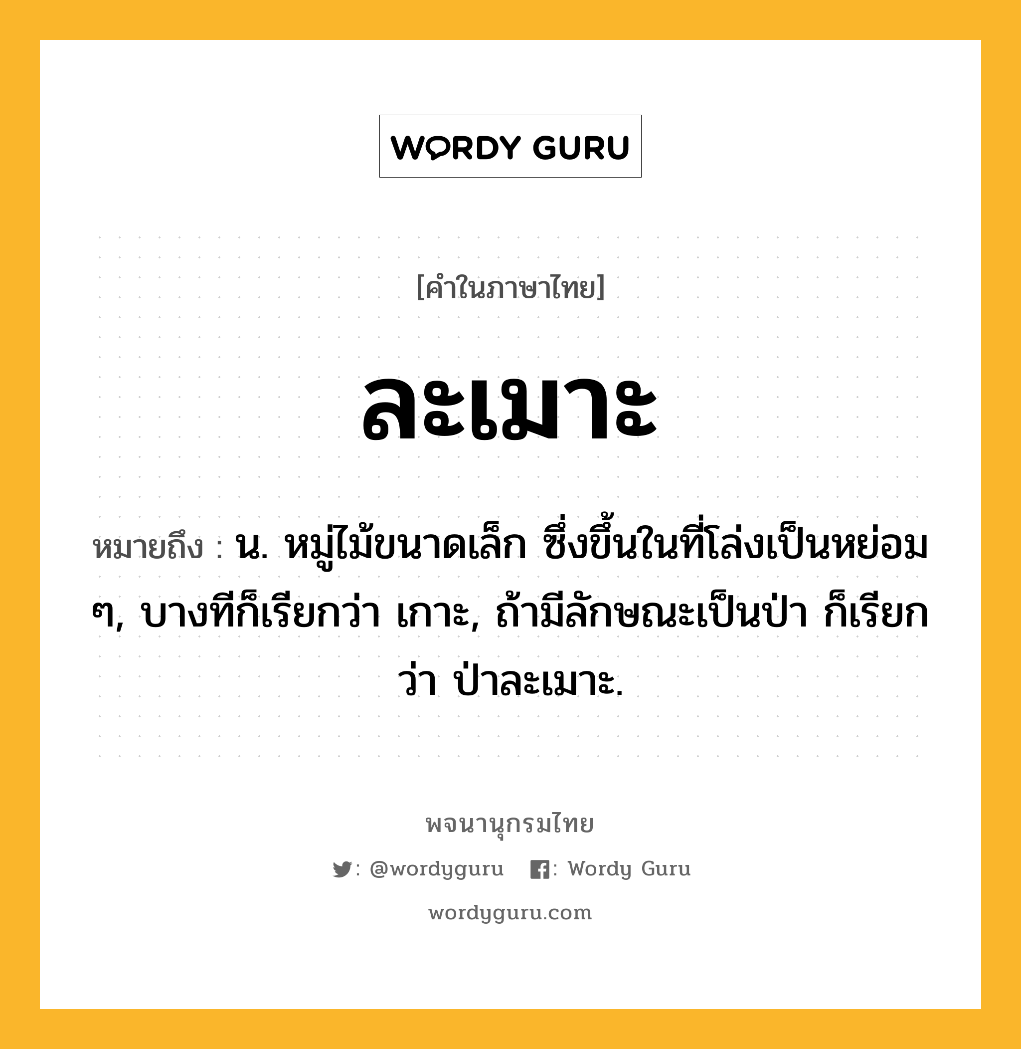 ละเมาะ ความหมาย หมายถึงอะไร?, คำในภาษาไทย ละเมาะ หมายถึง น. หมู่ไม้ขนาดเล็ก ซึ่งขึ้นในที่โล่งเป็นหย่อม ๆ, บางทีก็เรียกว่า เกาะ, ถ้ามีลักษณะเป็นป่า ก็เรียกว่า ป่าละเมาะ.