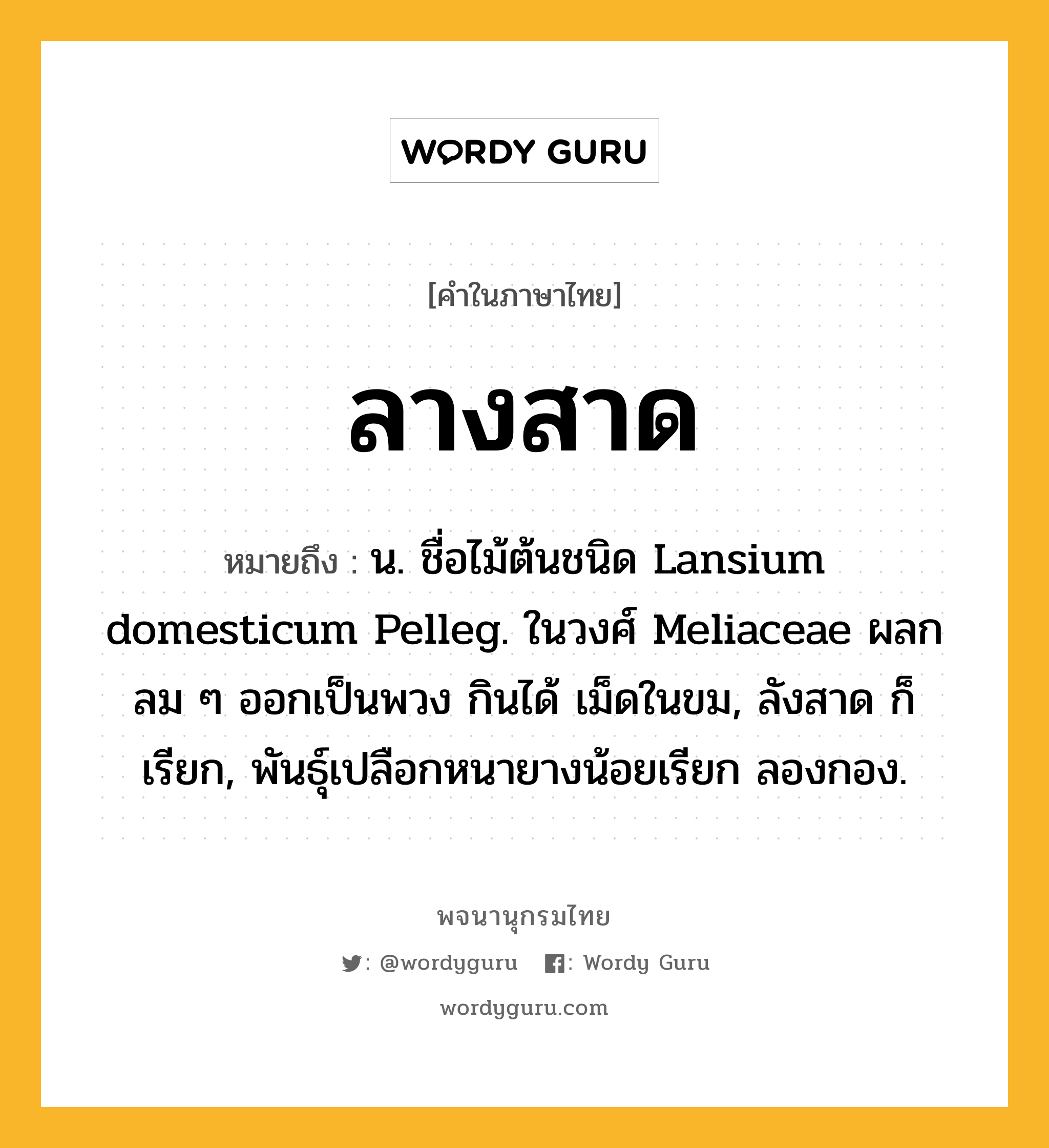 ลางสาด ความหมาย หมายถึงอะไร?, คำในภาษาไทย ลางสาด หมายถึง น. ชื่อไม้ต้นชนิด Lansium domesticum Pelleg. ในวงศ์ Meliaceae ผลกลม ๆ ออกเป็นพวง กินได้ เม็ดในขม, ลังสาด ก็เรียก, พันธุ์เปลือกหนายางน้อยเรียก ลองกอง.