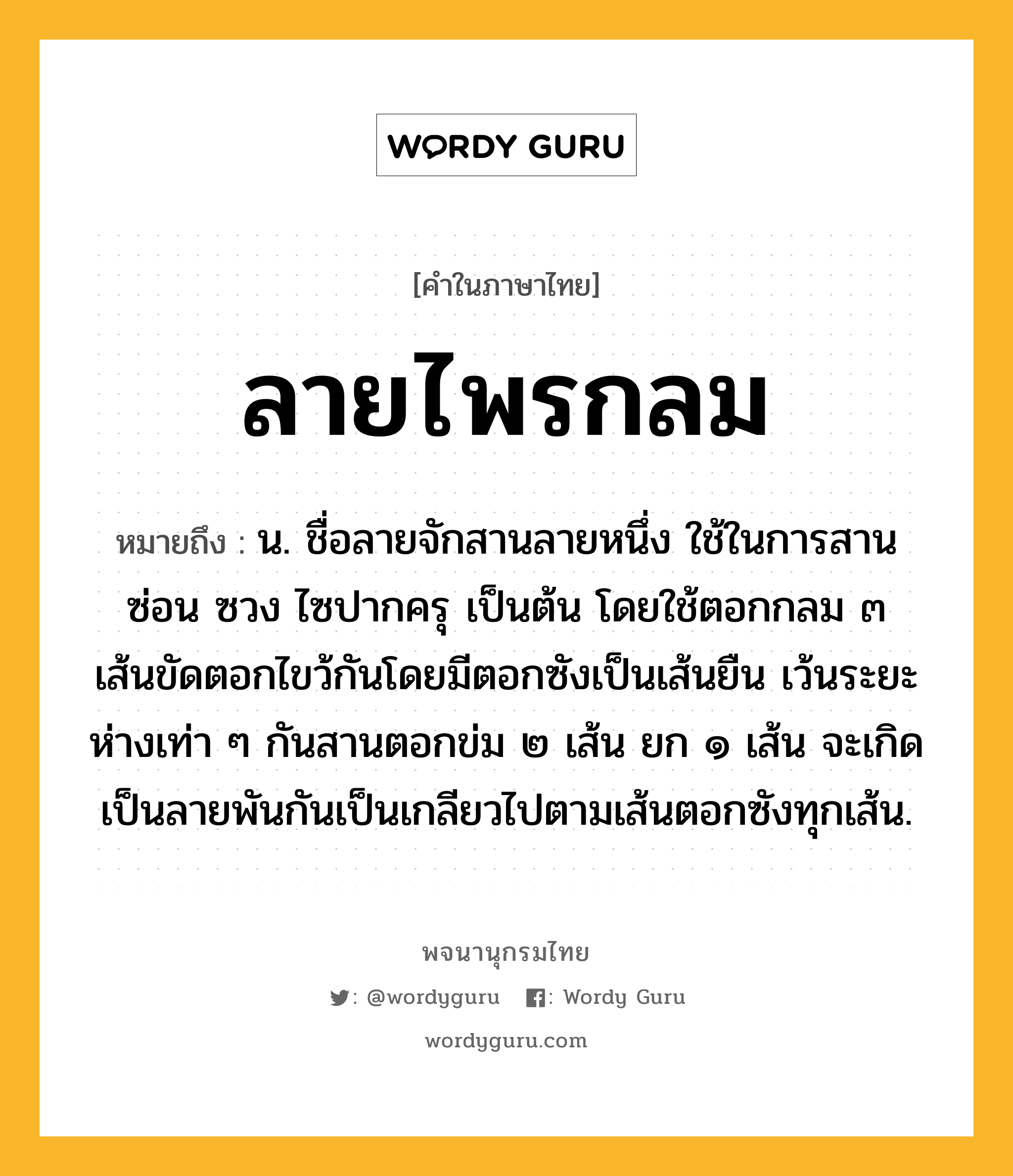 ลายไพรกลม ความหมาย หมายถึงอะไร?, คำในภาษาไทย ลายไพรกลม หมายถึง น. ชื่อลายจักสานลายหนึ่ง ใช้ในการสานซ่อน ซวง ไซปากครุ เป็นต้น โดยใช้ตอกกลม ๓ เส้นขัดตอกไขว้กันโดยมีตอกซังเป็นเส้นยืน เว้นระยะห่างเท่า ๆ กันสานตอกข่ม ๒ เส้น ยก ๑ เส้น จะเกิดเป็นลายพันกันเป็นเกลียวไปตามเส้นตอกซังทุกเส้น.