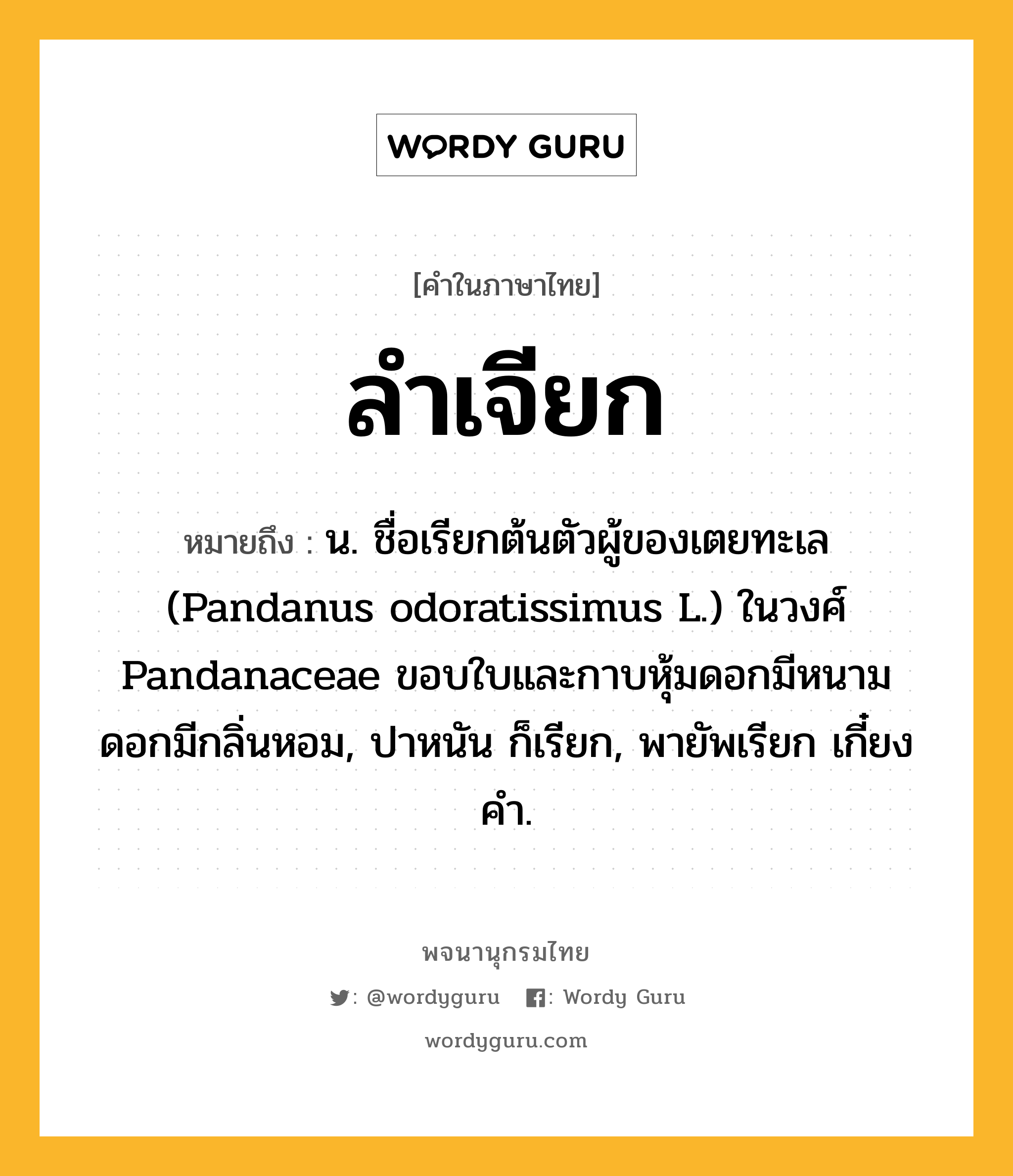 ลำเจียก ความหมาย หมายถึงอะไร?, คำในภาษาไทย ลำเจียก หมายถึง น. ชื่อเรียกต้นตัวผู้ของเตยทะเล (Pandanus odoratissimus L.) ในวงศ์ Pandanaceae ขอบใบและกาบหุ้มดอกมีหนาม ดอกมีกลิ่นหอม, ปาหนัน ก็เรียก, พายัพเรียก เกี๋ยงคำ.