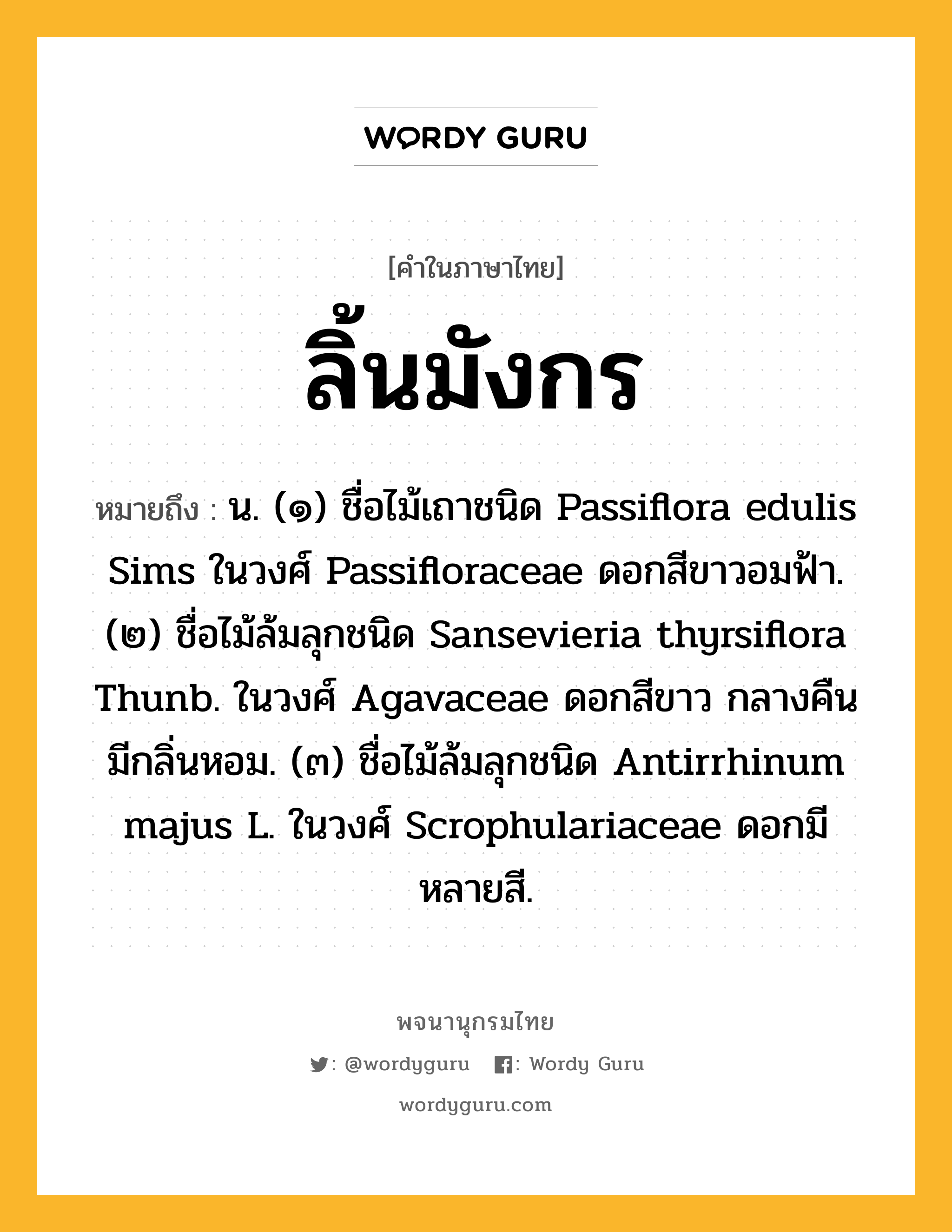 ลิ้นมังกร ความหมาย หมายถึงอะไร?, คำในภาษาไทย ลิ้นมังกร หมายถึง น. (๑) ชื่อไม้เถาชนิด Passiflora edulis Sims ในวงศ์ Passifloraceae ดอกสีขาวอมฟ้า. (๒) ชื่อไม้ล้มลุกชนิด Sansevieria thyrsiflora Thunb. ในวงศ์ Agavaceae ดอกสีขาว กลางคืนมีกลิ่นหอม. (๓) ชื่อไม้ล้มลุกชนิด Antirrhinum majus L. ในวงศ์ Scrophulariaceae ดอกมีหลายสี.