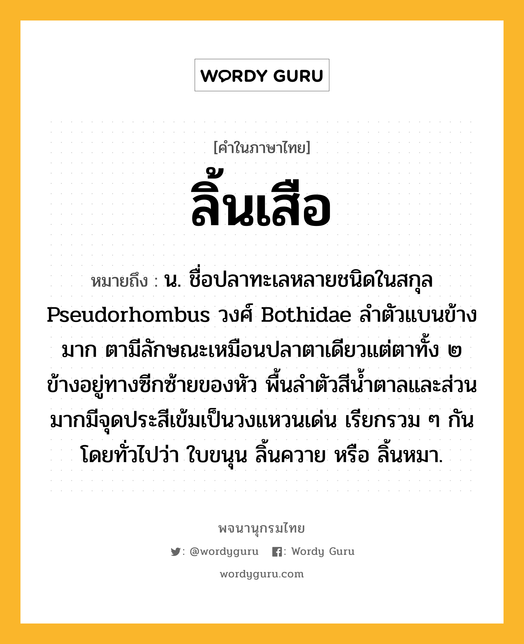 ลิ้นเสือ ความหมาย หมายถึงอะไร?, คำในภาษาไทย ลิ้นเสือ หมายถึง น. ชื่อปลาทะเลหลายชนิดในสกุล Pseudorhombus วงศ์ Bothidae ลำตัวแบนข้างมาก ตามีลักษณะเหมือนปลาตาเดียวแต่ตาทั้ง ๒ ข้างอยู่ทางซีกซ้ายของหัว พื้นลําตัวสีนํ้าตาลและส่วนมากมีจุดประสีเข้มเป็นวงแหวนเด่น เรียกรวม ๆ กันโดยทั่วไปว่า ใบขนุน ลิ้นควาย หรือ ลิ้นหมา.