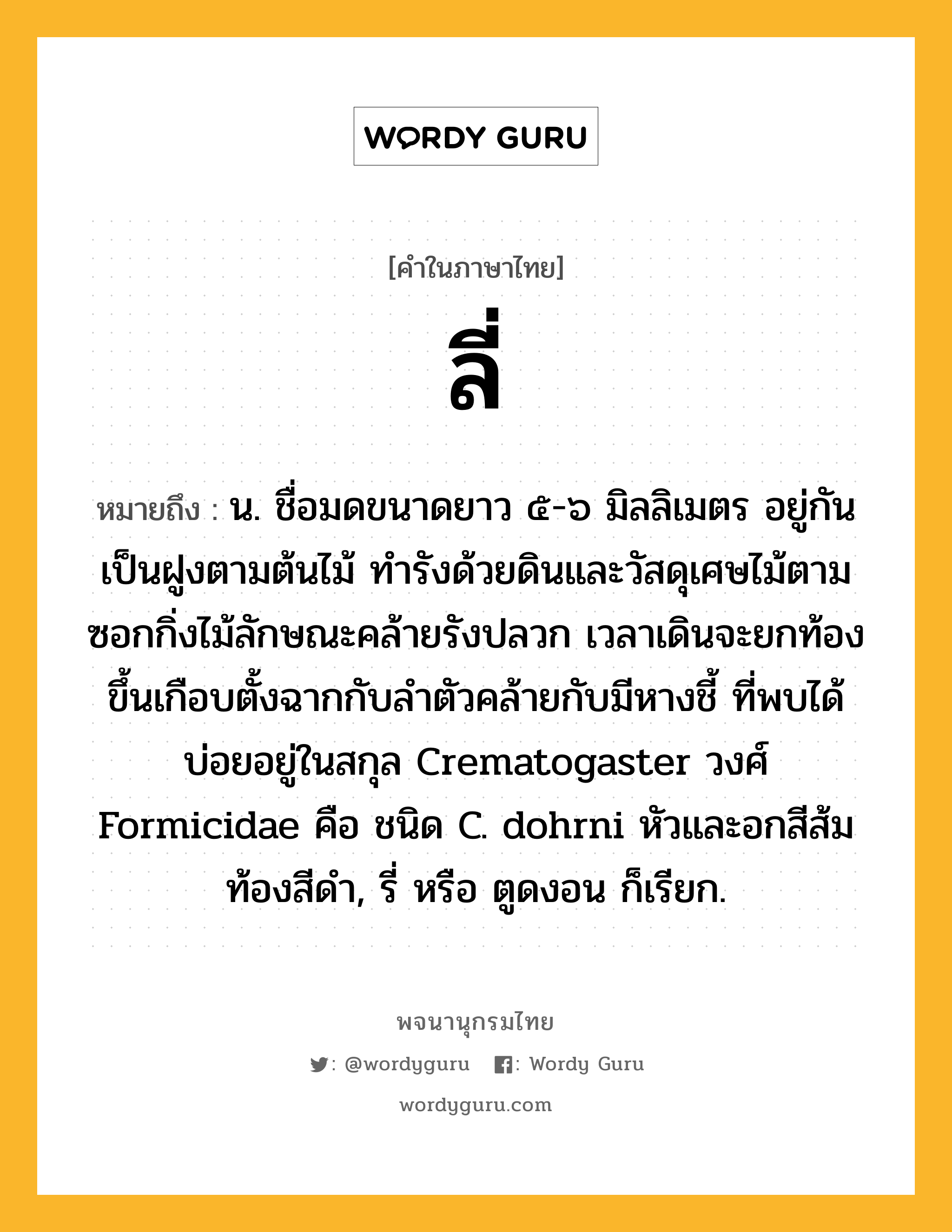 ลี่ ความหมาย หมายถึงอะไร?, คำในภาษาไทย ลี่ หมายถึง น. ชื่อมดขนาดยาว ๕-๖ มิลลิเมตร อยู่กันเป็นฝูงตามต้นไม้ ทํารังด้วยดินและวัสดุเศษไม้ตามซอกกิ่งไม้ลักษณะคล้ายรังปลวก เวลาเดินจะยกท้องขึ้นเกือบตั้งฉากกับลําตัวคล้ายกับมีหางชี้ ที่พบได้บ่อยอยู่ในสกุล Crematogaster วงศ์ Formicidae คือ ชนิด C. dohrni หัวและอกสีส้ม ท้องสีดํา, รี่ หรือ ตูดงอน ก็เรียก.