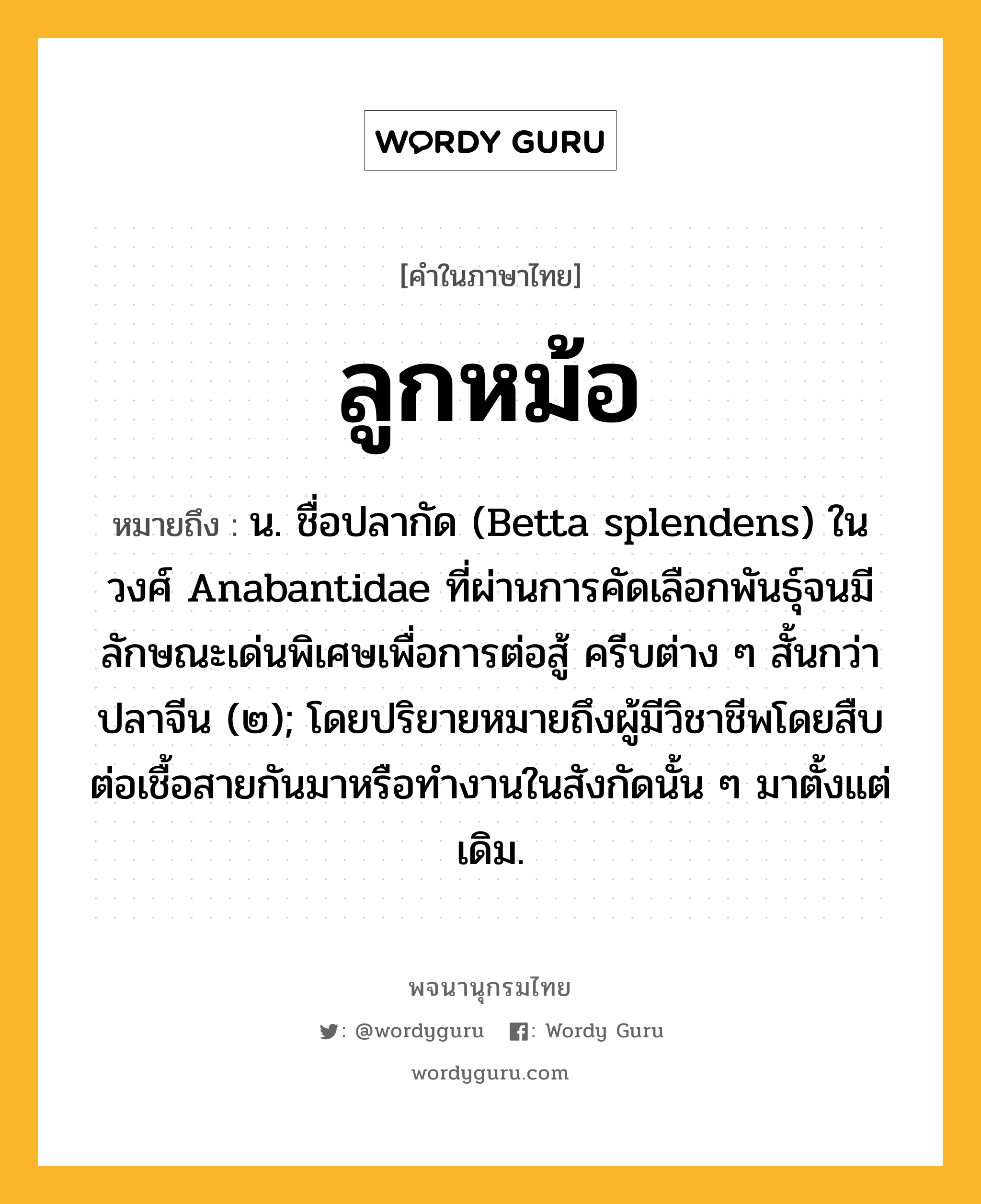 ลูกหม้อ ความหมาย หมายถึงอะไร?, คำในภาษาไทย ลูกหม้อ หมายถึง น. ชื่อปลากัด (Betta splendens) ในวงศ์ Anabantidae ที่ผ่านการคัดเลือกพันธุ์จนมีลักษณะเด่นพิเศษเพื่อการต่อสู้ ครีบต่าง ๆ สั้นกว่าปลาจีน (๒); โดยปริยายหมายถึงผู้มีวิชาชีพโดยสืบต่อเชื้อสายกันมาหรือทํางานในสังกัดนั้น ๆ มาตั้งแต่เดิม.