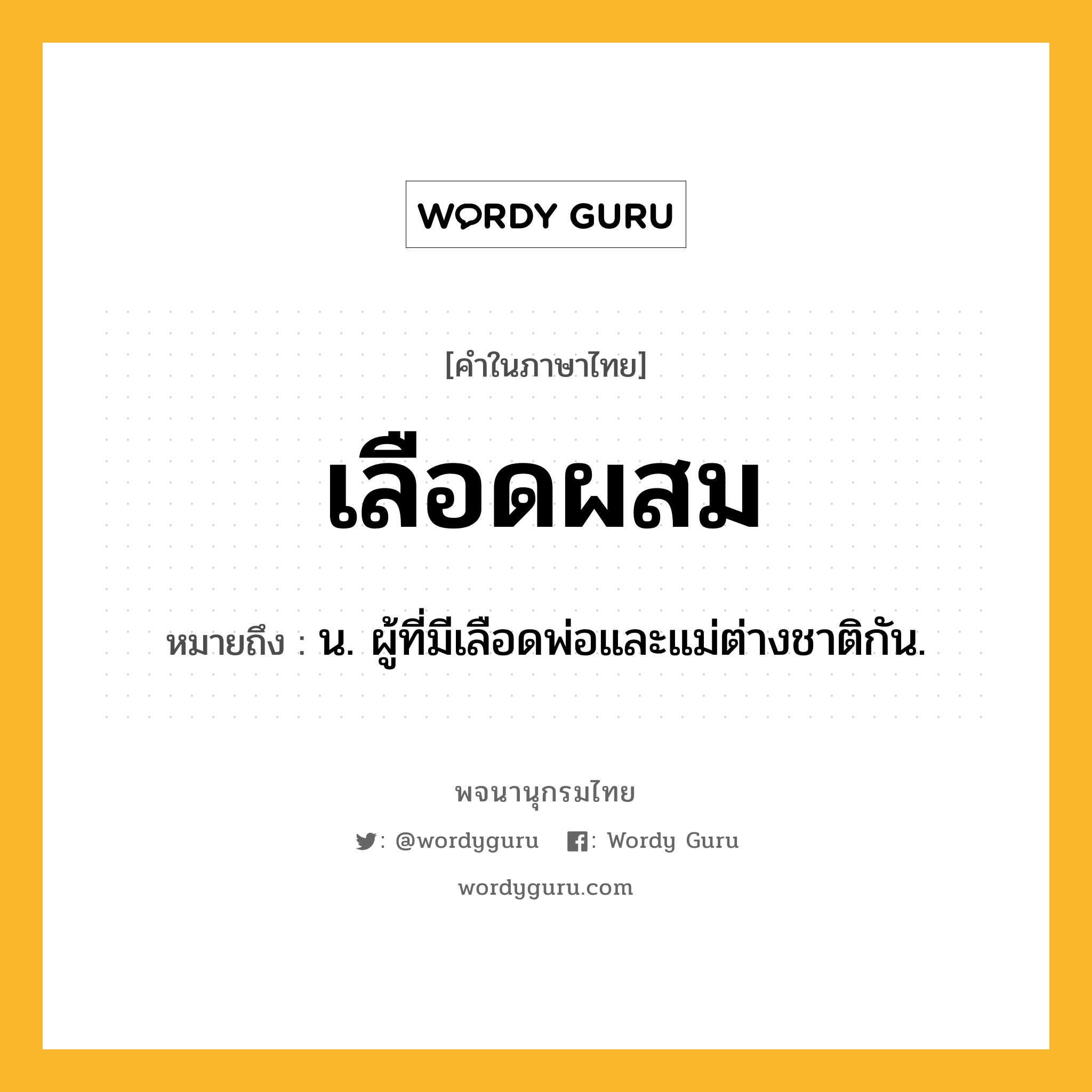 เลือดผสม ความหมาย หมายถึงอะไร?, คำในภาษาไทย เลือดผสม หมายถึง น. ผู้ที่มีเลือดพ่อและแม่ต่างชาติกัน.