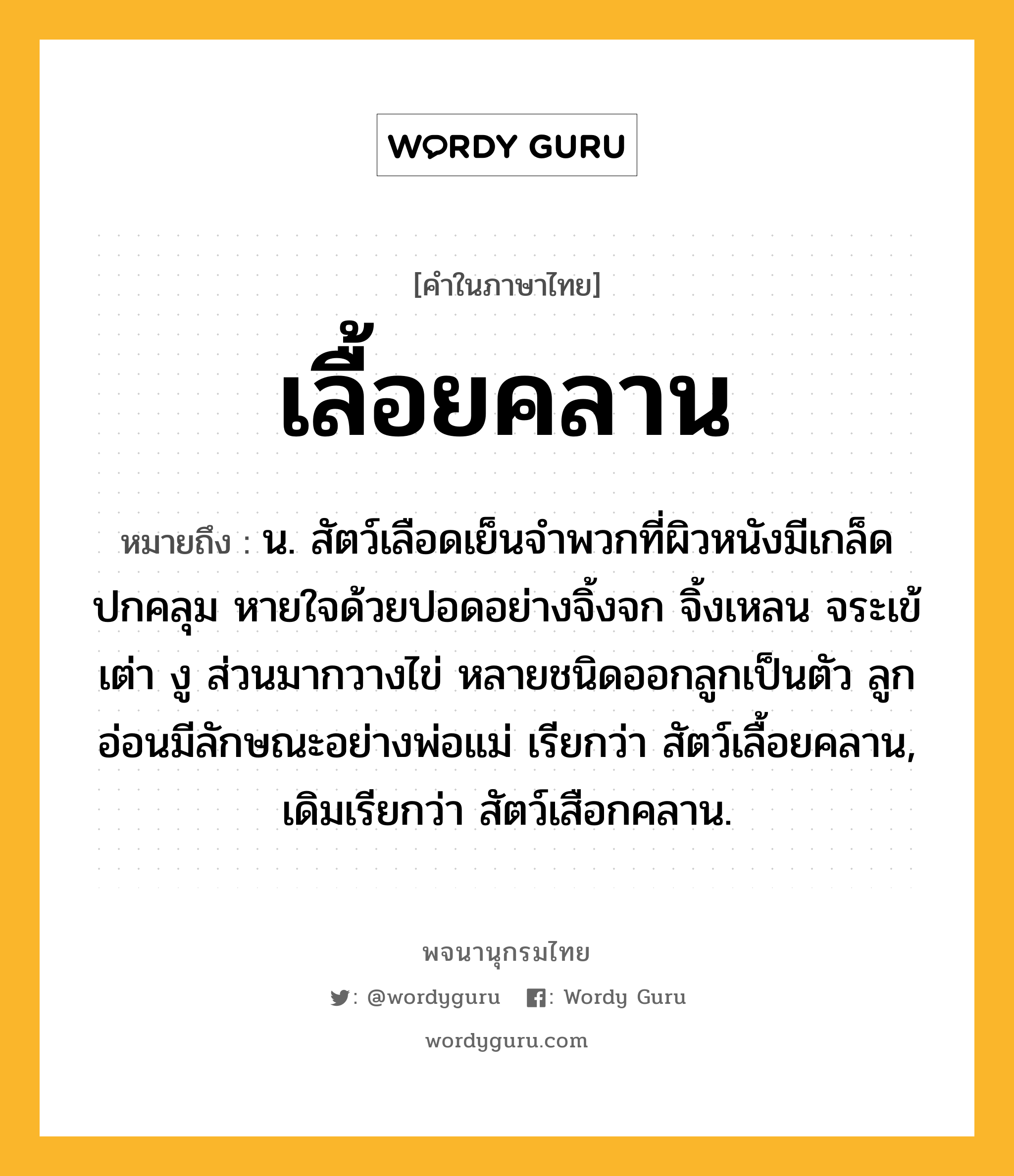 เลื้อยคลาน ความหมาย หมายถึงอะไร?, คำในภาษาไทย เลื้อยคลาน หมายถึง น. สัตว์เลือดเย็นจําพวกที่ผิวหนังมีเกล็ดปกคลุม หายใจด้วยปอดอย่างจิ้งจก จิ้งเหลน จระเข้ เต่า งู ส่วนมากวางไข่ หลายชนิดออกลูกเป็นตัว ลูกอ่อนมีลักษณะอย่างพ่อแม่ เรียกว่า สัตว์เลื้อยคลาน, เดิมเรียกว่า สัตว์เสือกคลาน.