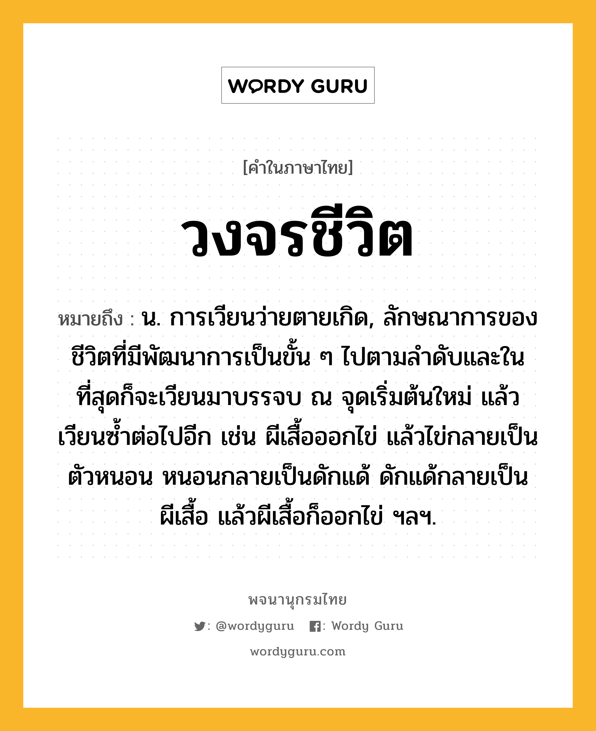 วงจรชีวิต ความหมาย หมายถึงอะไร?, คำในภาษาไทย วงจรชีวิต หมายถึง น. การเวียนว่ายตายเกิด, ลักษณาการของชีวิตที่มีพัฒนาการเป็นขั้น ๆ ไปตามลำดับและในที่สุดก็จะเวียนมาบรรจบ ณ จุดเริ่มต้นใหม่ แล้วเวียนซ้ำต่อไปอีก เช่น ผีเสื้อออกไข่ แล้วไข่กลายเป็นตัวหนอน หนอนกลายเป็นดักแด้ ดักแด้กลายเป็นผีเสื้อ แล้วผีเสื้อก็ออกไข่ ฯลฯ.