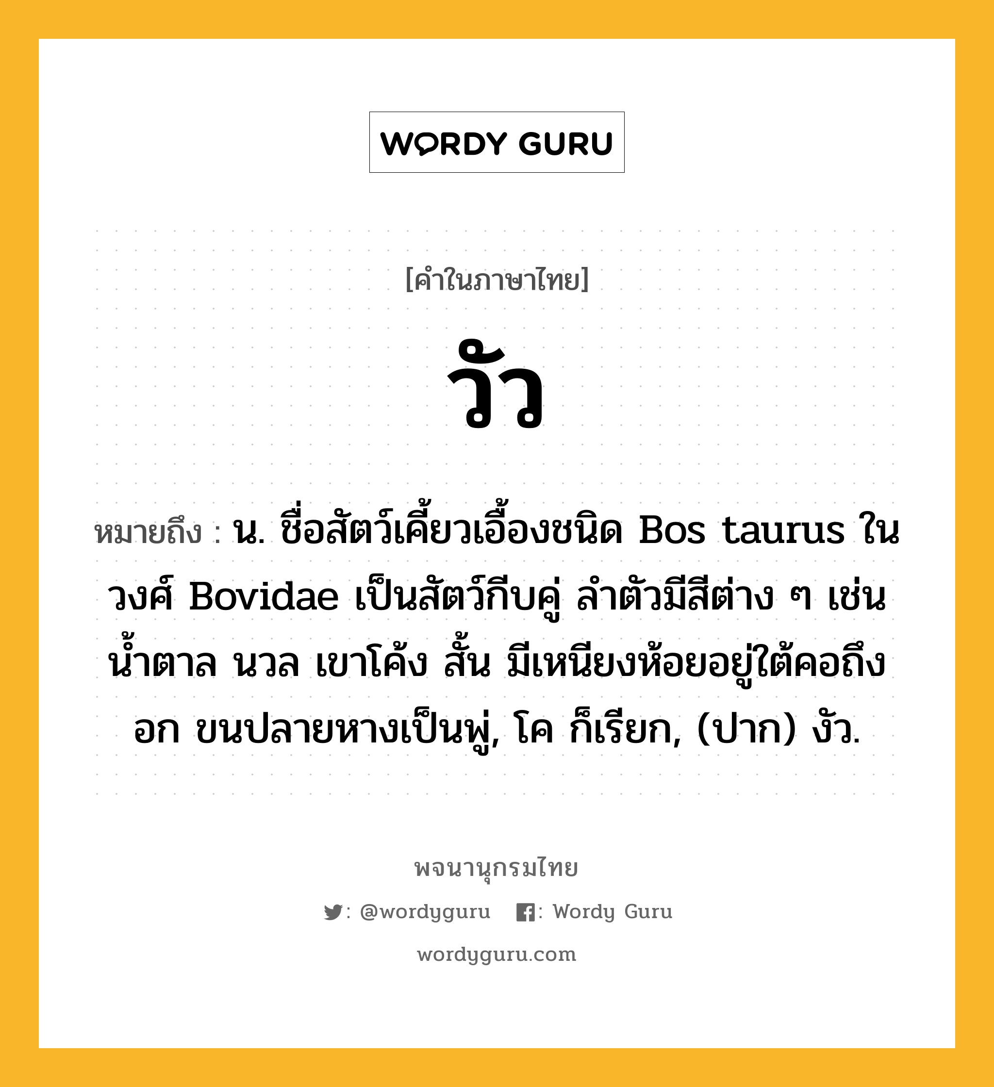 วัว ความหมาย หมายถึงอะไร?, คำในภาษาไทย วัว หมายถึง น. ชื่อสัตว์เคี้ยวเอื้องชนิด Bos taurus ในวงศ์ Bovidae เป็นสัตว์กีบคู่ ลำตัวมีสีต่าง ๆ เช่น นํ้าตาล นวล เขาโค้ง สั้น มีเหนียงห้อยอยู่ใต้คอถึงอก ขนปลายหางเป็นพู่, โค ก็เรียก, (ปาก) งัว.