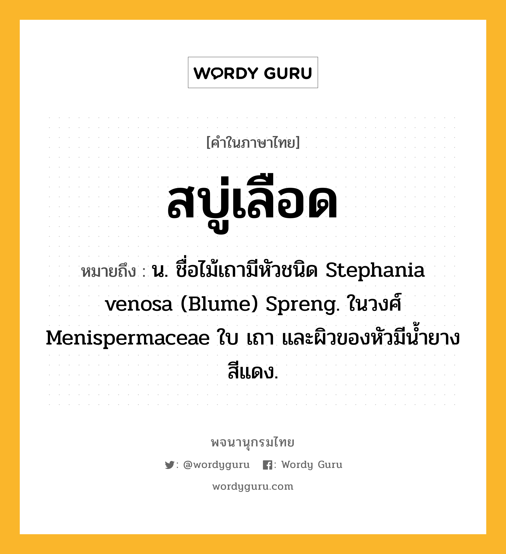 สบู่เลือด ความหมาย หมายถึงอะไร?, คำในภาษาไทย สบู่เลือด หมายถึง น. ชื่อไม้เถามีหัวชนิด Stephania venosa (Blume) Spreng. ในวงศ์ Menispermaceae ใบ เถา และผิวของหัวมีนํ้ายางสีแดง.