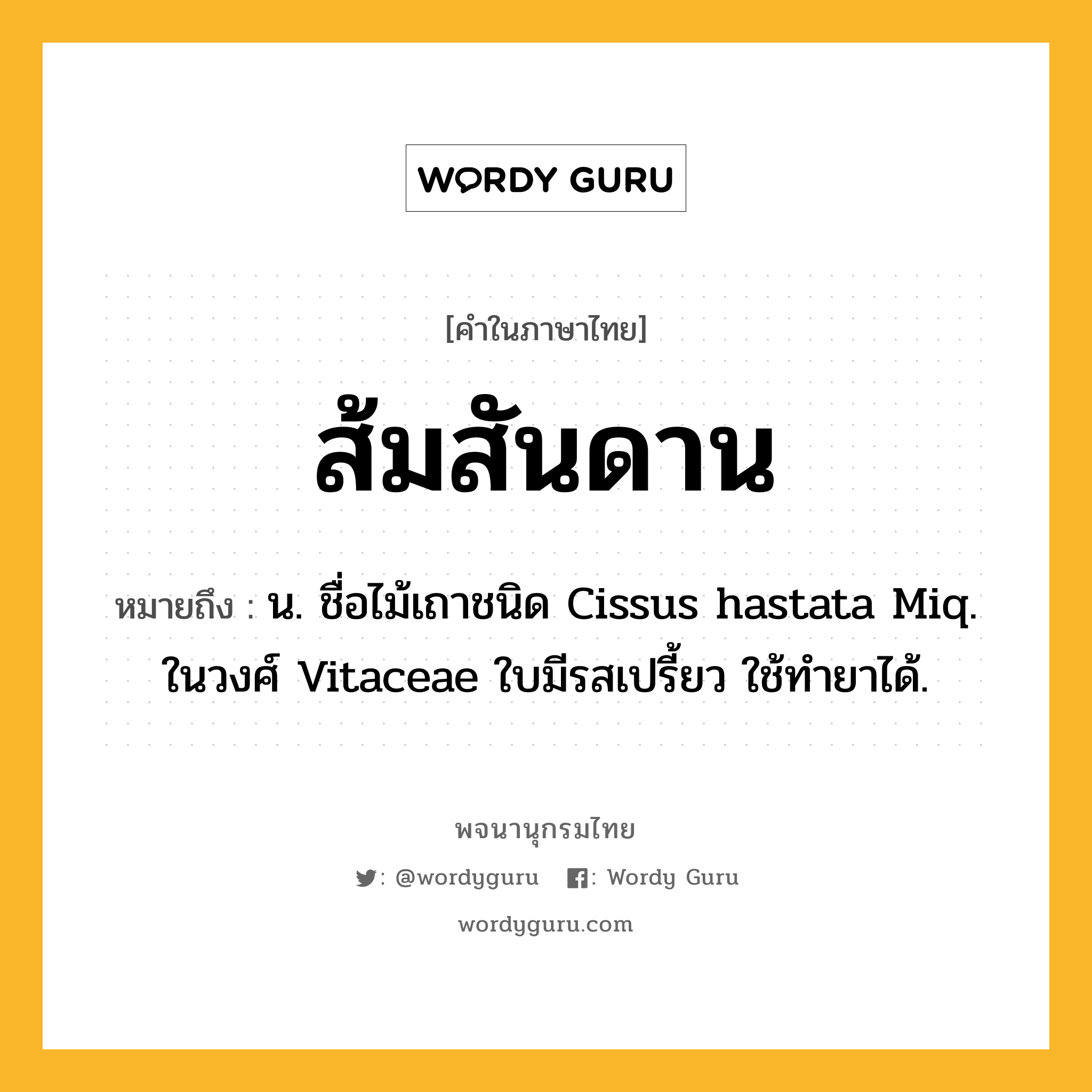 ส้มสันดาน ความหมาย หมายถึงอะไร?, คำในภาษาไทย ส้มสันดาน หมายถึง น. ชื่อไม้เถาชนิด Cissus hastata Miq. ในวงศ์ Vitaceae ใบมีรสเปรี้ยว ใช้ทํายาได้.