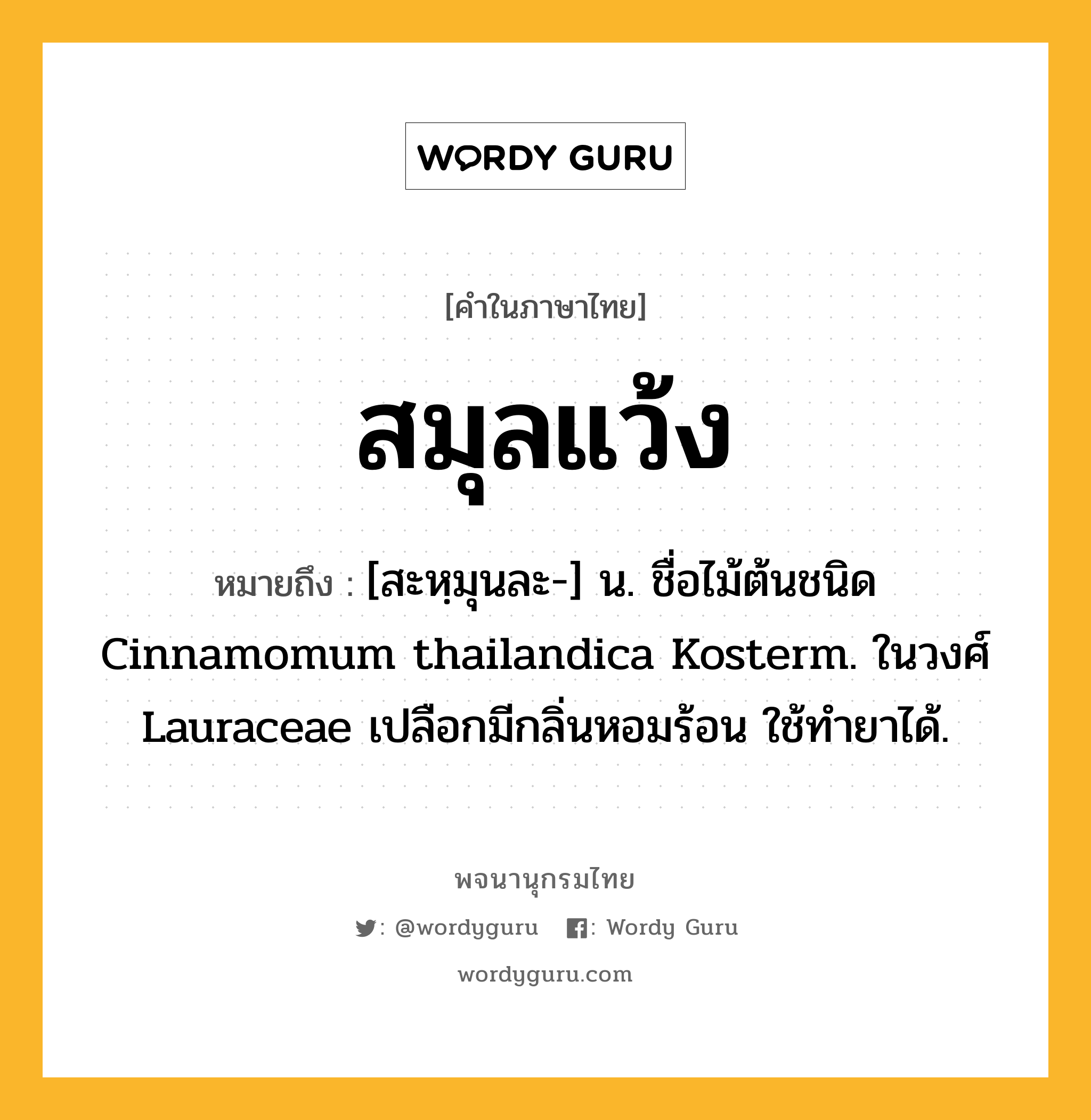 สมุลแว้ง ความหมาย หมายถึงอะไร?, คำในภาษาไทย สมุลแว้ง หมายถึง [สะหฺมุนละ-] น. ชื่อไม้ต้นชนิด Cinnamomum thailandica Kosterm. ในวงศ์ Lauraceae เปลือกมีกลิ่นหอมร้อน ใช้ทํายาได้.