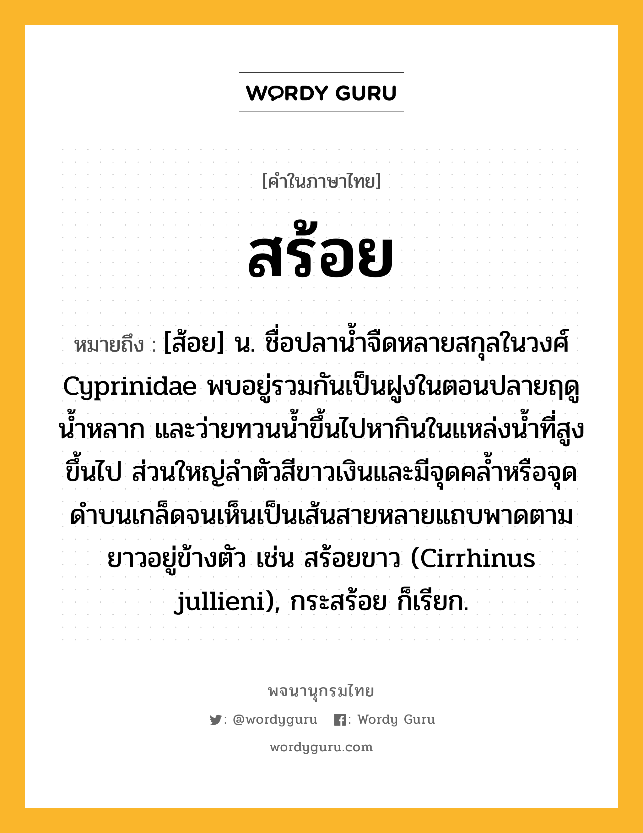 สร้อย ความหมาย หมายถึงอะไร?, คำในภาษาไทย สร้อย หมายถึง [ส้อย] น. ชื่อปลานํ้าจืดหลายสกุลในวงศ์ Cyprinidae พบอยู่รวมกันเป็นฝูงในตอนปลายฤดูนํ้าหลาก และว่ายทวนนํ้าขึ้นไปหากินในแหล่งนํ้าที่สูงขึ้นไป ส่วนใหญ่ลําตัวสีขาวเงินและมีจุดคลํ้าหรือจุดดําบนเกล็ดจนเห็นเป็นเส้นสายหลายแถบพาดตามยาวอยู่ข้างตัว เช่น สร้อยขาว (Cirrhinus jullieni), กระสร้อย ก็เรียก.