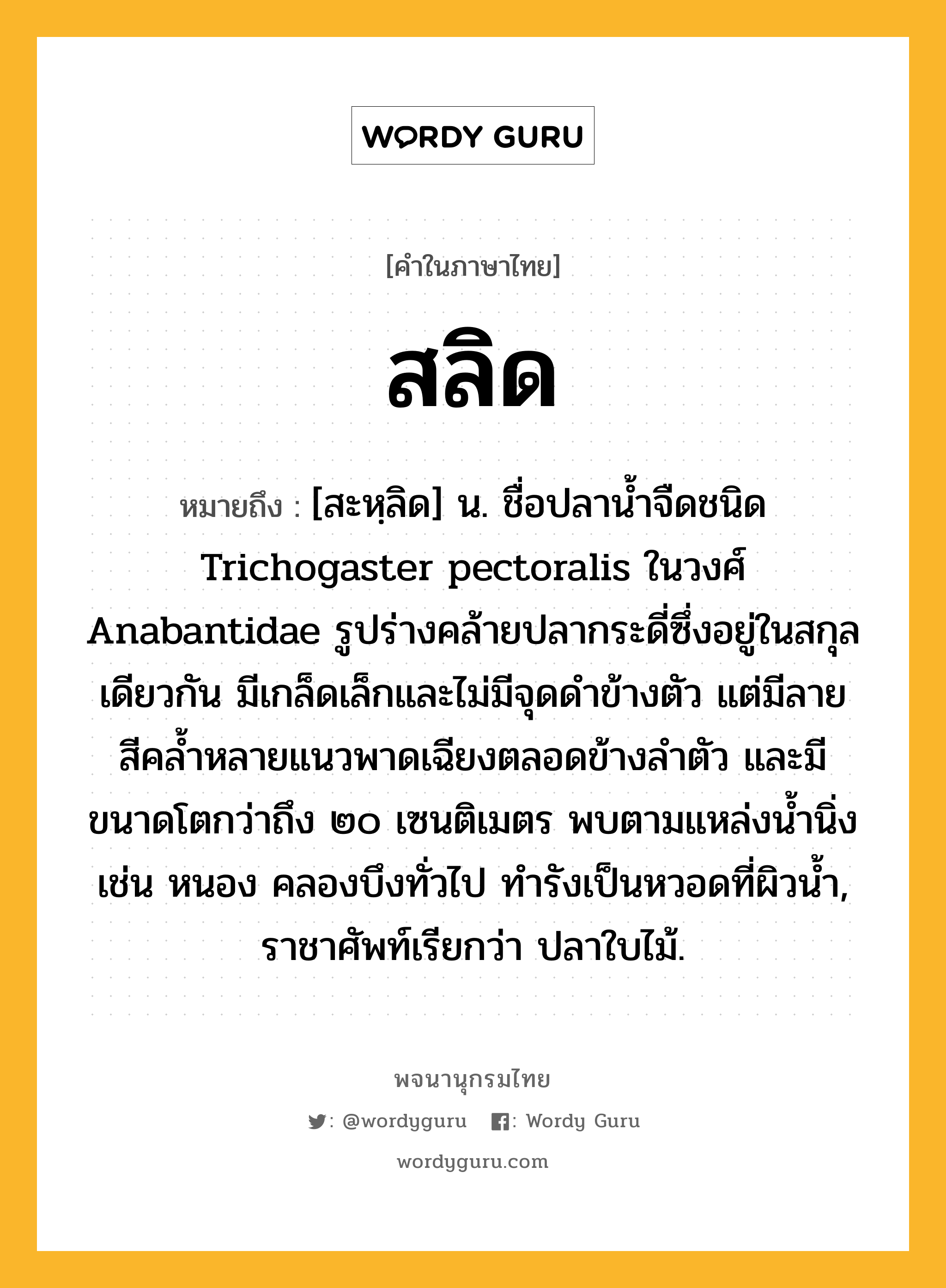 สลิด ความหมาย หมายถึงอะไร?, คำในภาษาไทย สลิด หมายถึง [สะหฺลิด] น. ชื่อปลานํ้าจืดชนิด Trichogaster pectoralis ในวงศ์ Anabantidae รูปร่างคล้ายปลากระดี่ซึ่งอยู่ในสกุลเดียวกัน มีเกล็ดเล็กและไม่มีจุดดําข้างตัว แต่มีลายสีคลํ้าหลายแนวพาดเฉียงตลอดข้างลําตัว และมีขนาดโตกว่าถึง ๒๐ เซนติเมตร พบตามแหล่งนํ้านิ่ง เช่น หนอง คลองบึงทั่วไป ทํารังเป็นหวอดที่ผิวนํ้า, ราชาศัพท์เรียกว่า ปลาใบไม้.