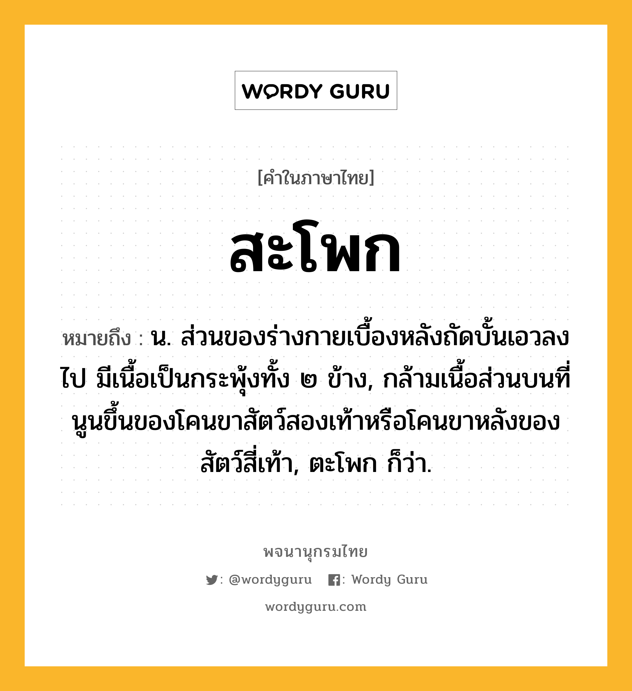 สะโพก ความหมาย หมายถึงอะไร?, คำในภาษาไทย สะโพก หมายถึง น. ส่วนของร่างกายเบื้องหลังถัดบั้นเอวลงไป มีเนื้อเป็นกระพุ้งทั้ง ๒ ข้าง, กล้ามเนื้อส่วนบนที่นูนขึ้นของโคนขาสัตว์สองเท้าหรือโคนขาหลังของสัตว์สี่เท้า, ตะโพก ก็ว่า.