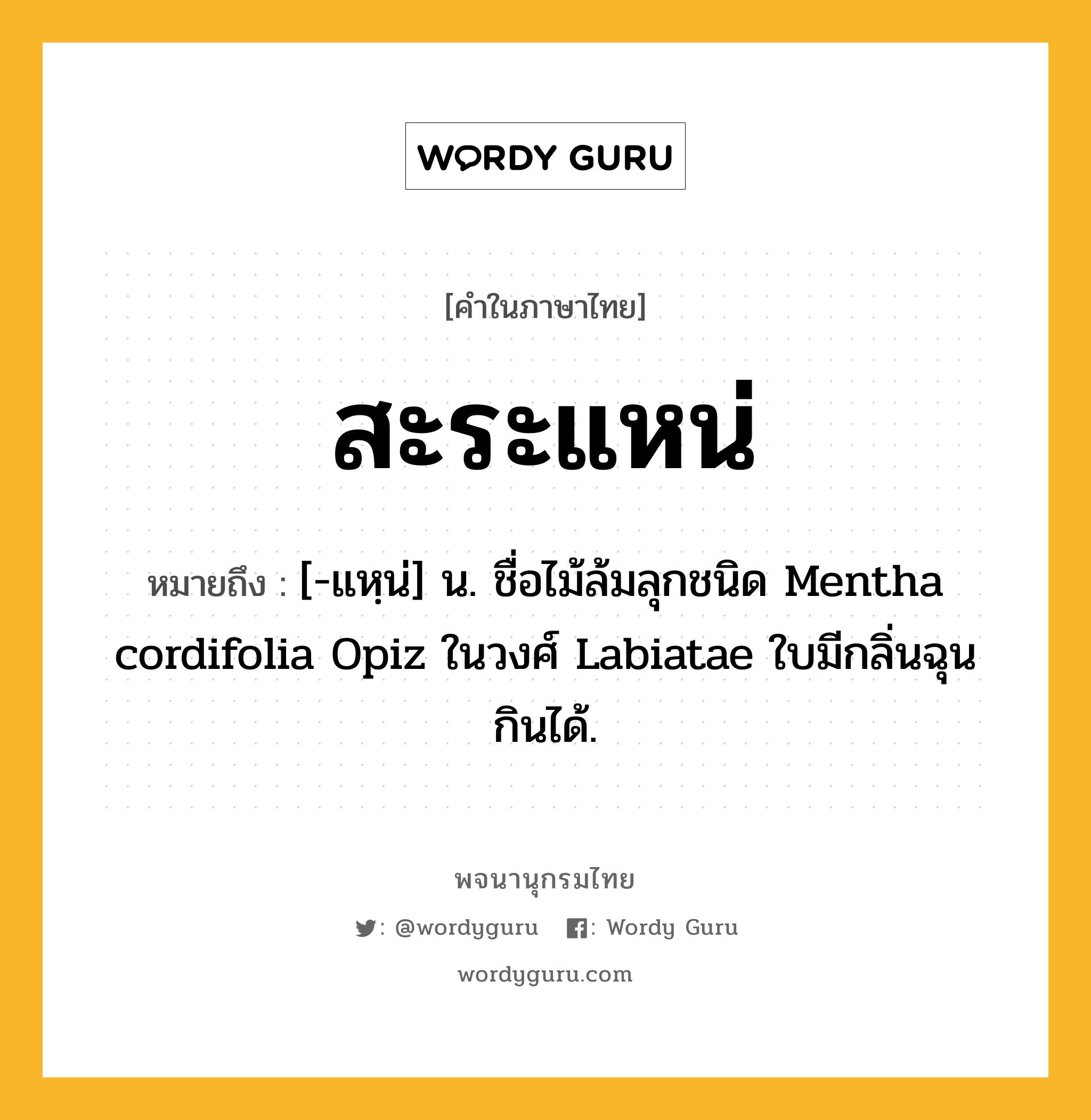 สะระแหน่ ความหมาย หมายถึงอะไร?, คำในภาษาไทย สะระแหน่ หมายถึง [-แหฺน่] น. ชื่อไม้ล้มลุกชนิด Mentha cordifolia Opiz ในวงศ์ Labiatae ใบมีกลิ่นฉุน กินได้.