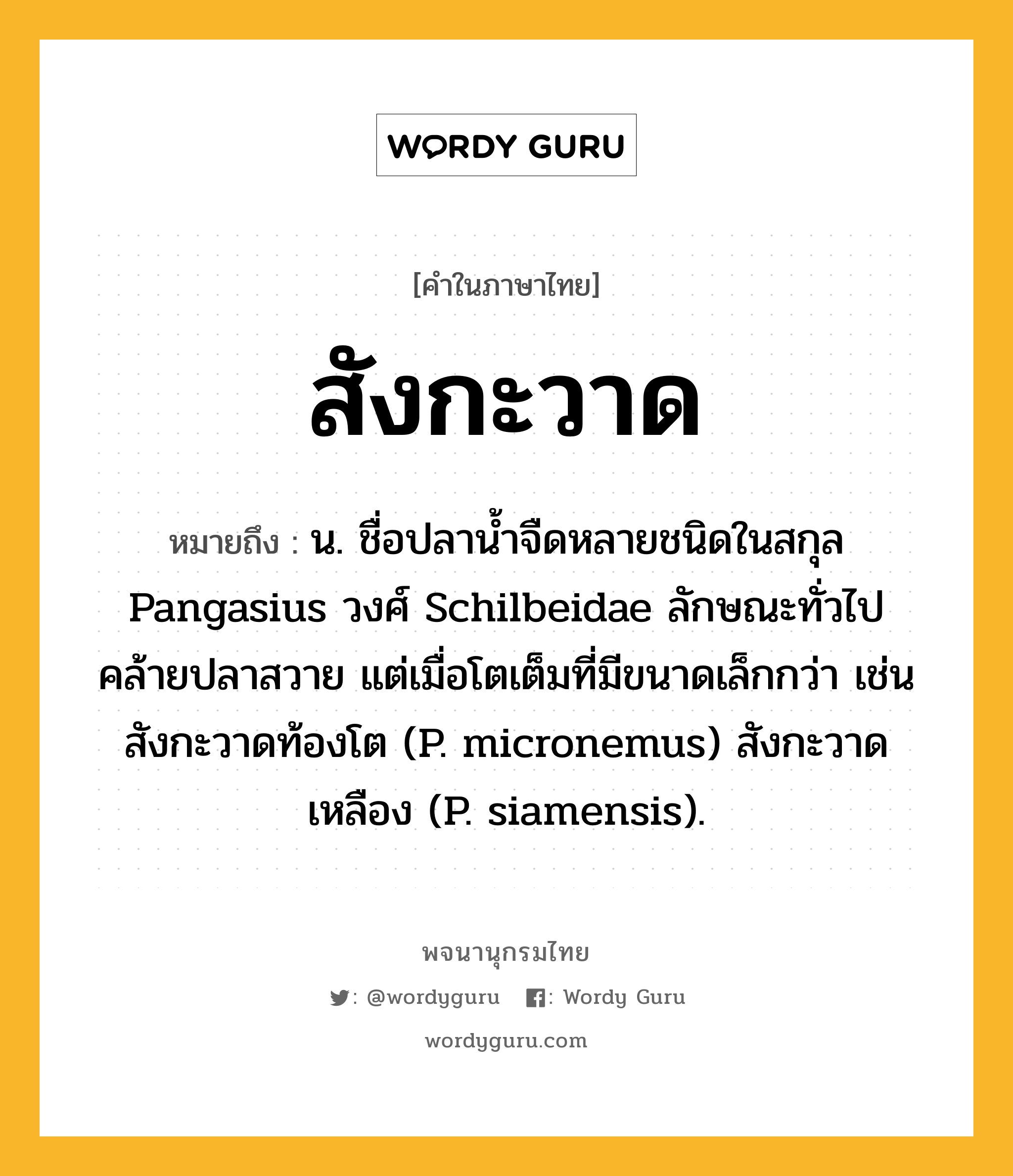 สังกะวาด ความหมาย หมายถึงอะไร?, คำในภาษาไทย สังกะวาด หมายถึง น. ชื่อปลานํ้าจืดหลายชนิดในสกุล Pangasius วงศ์ Schilbeidae ลักษณะทั่วไปคล้ายปลาสวาย แต่เมื่อโตเต็มที่มีขนาดเล็กกว่า เช่น สังกะวาดท้องโต (P. micronemus) สังกะวาดเหลือง (P. siamensis).