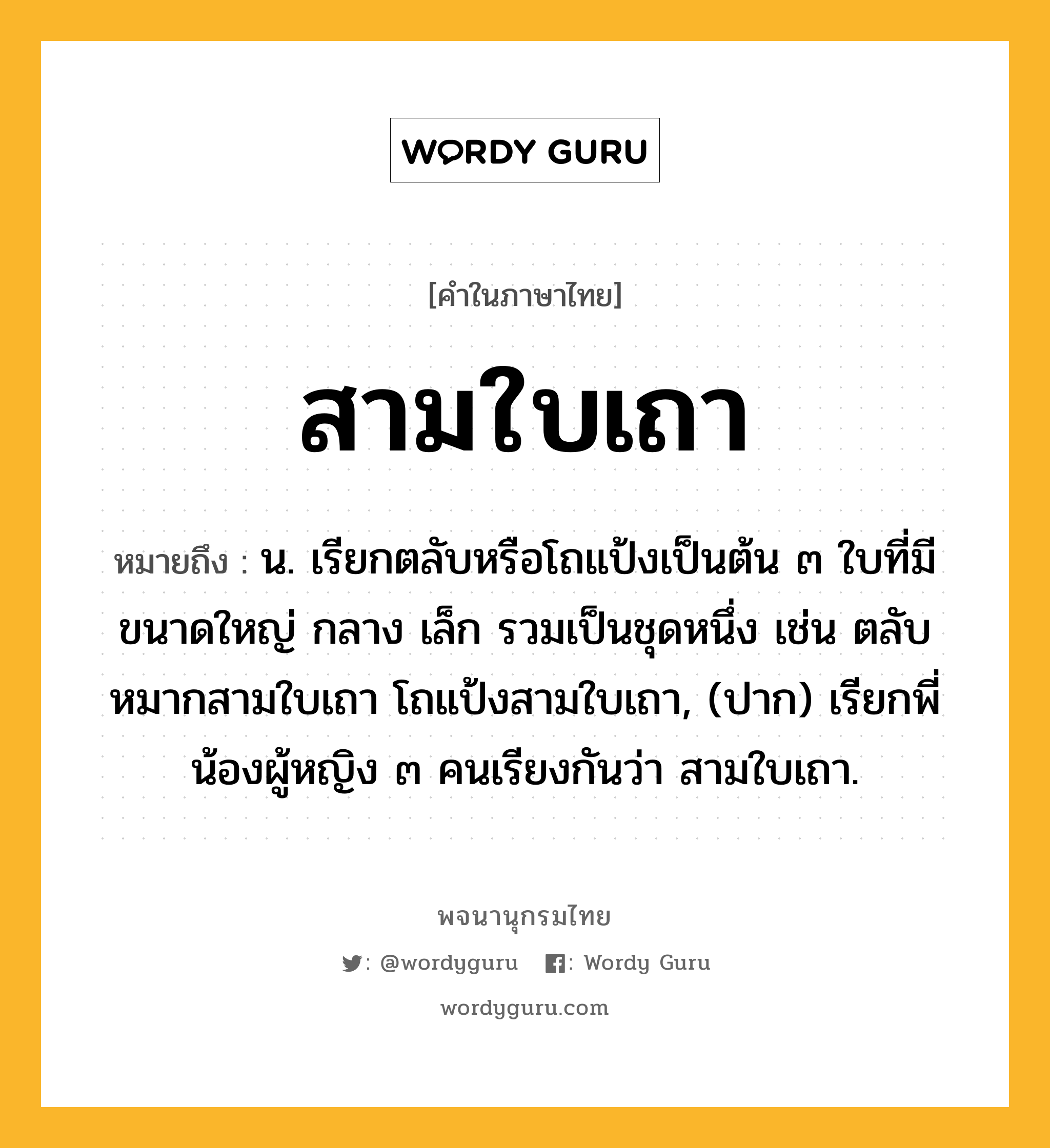 สามใบเถา ความหมาย หมายถึงอะไร?, คำในภาษาไทย สามใบเถา หมายถึง น. เรียกตลับหรือโถแป้งเป็นต้น ๓ ใบที่มีขนาดใหญ่ กลาง เล็ก รวมเป็นชุดหนึ่ง เช่น ตลับหมากสามใบเถา โถแป้งสามใบเถา, (ปาก) เรียกพี่น้องผู้หญิง ๓ คนเรียงกันว่า สามใบเถา.