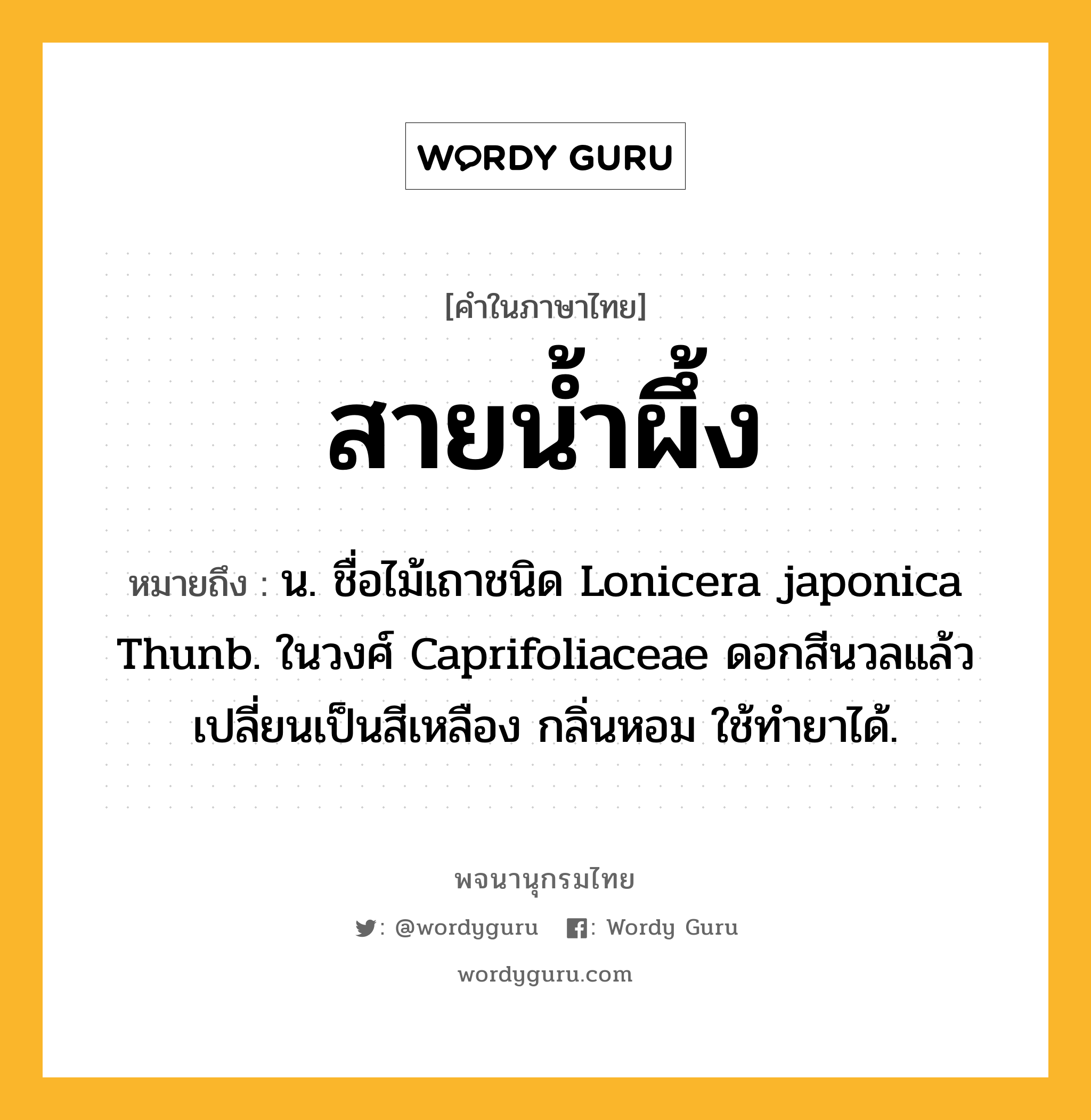 สายน้ำผึ้ง ความหมาย หมายถึงอะไร?, คำในภาษาไทย สายน้ำผึ้ง หมายถึง น. ชื่อไม้เถาชนิด Lonicera japonica Thunb. ในวงศ์ Caprifoliaceae ดอกสีนวลแล้วเปลี่ยนเป็นสีเหลือง กลิ่นหอม ใช้ทํายาได้.