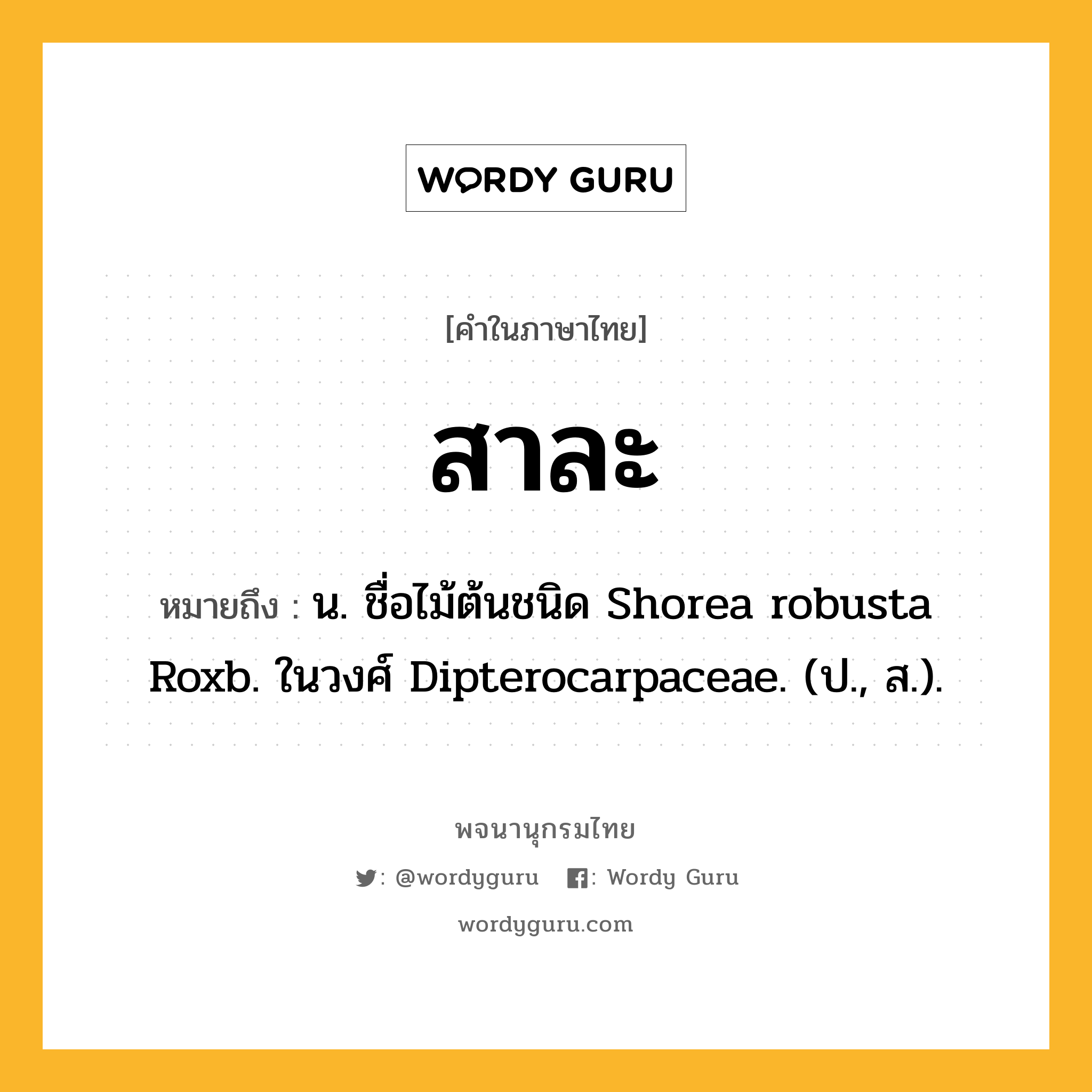 สาละ ความหมาย หมายถึงอะไร?, คำในภาษาไทย สาละ หมายถึง น. ชื่อไม้ต้นชนิด Shorea robusta Roxb. ในวงศ์ Dipterocarpaceae. (ป., ส.).