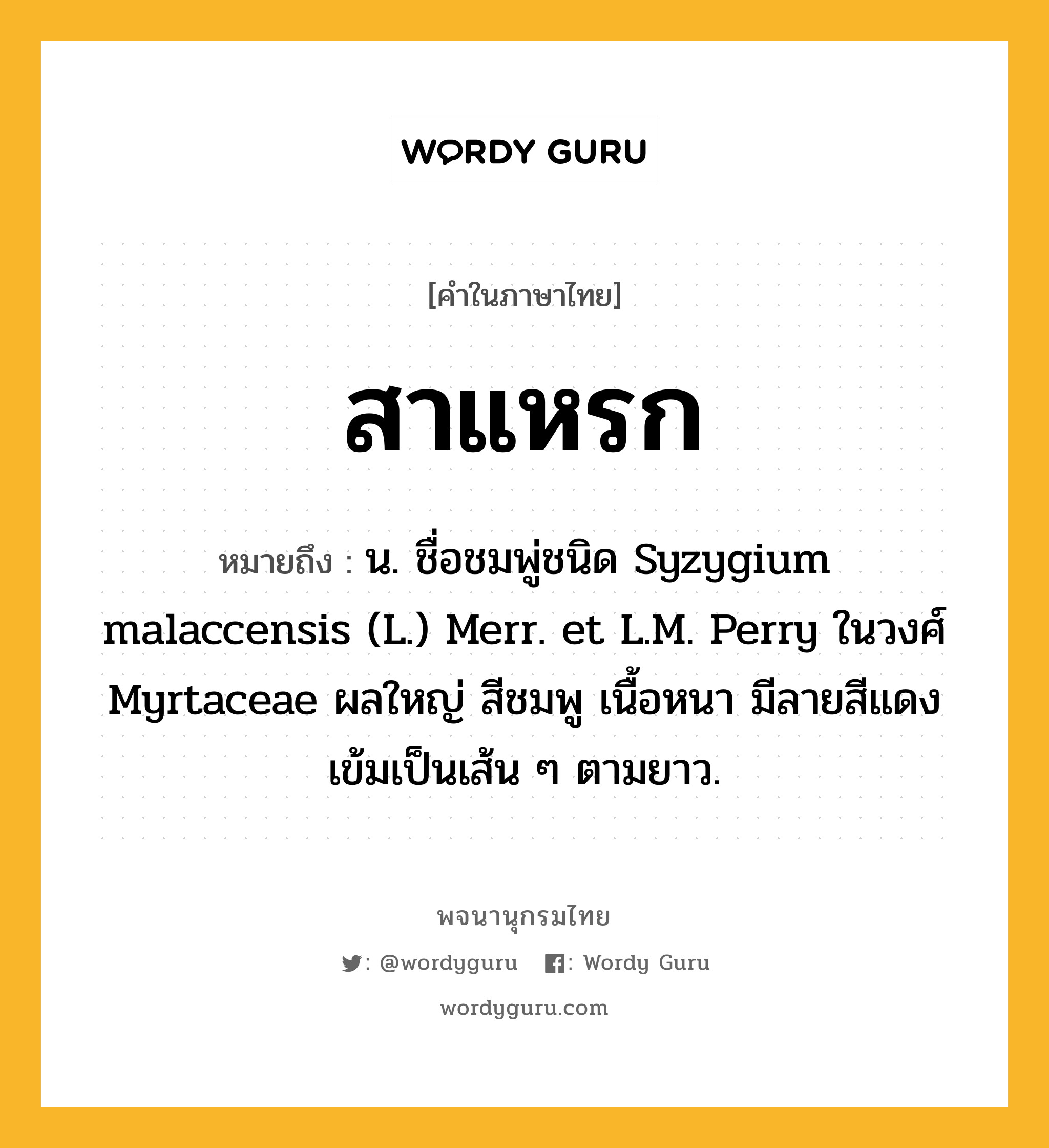 สาแหรก ความหมาย หมายถึงอะไร?, คำในภาษาไทย สาแหรก หมายถึง น. ชื่อชมพู่ชนิด Syzygium malaccensis (L.) Merr. et L.M. Perry ในวงศ์ Myrtaceae ผลใหญ่ สีชมพู เนื้อหนา มีลายสีแดงเข้มเป็นเส้น ๆ ตามยาว.