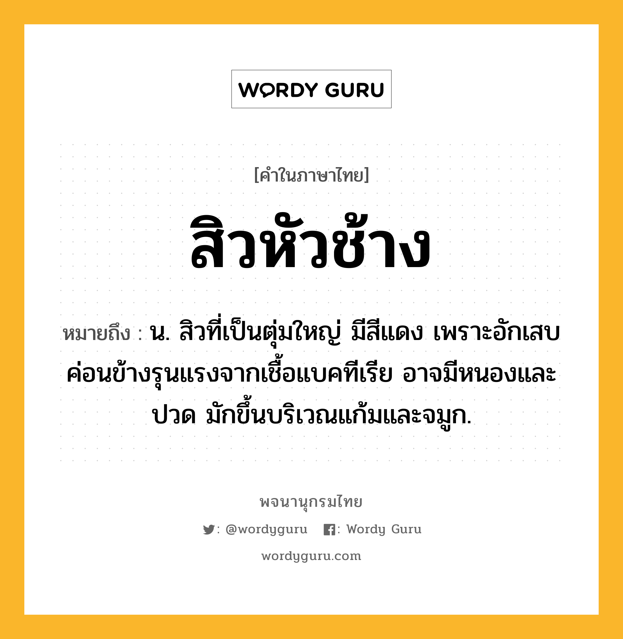 สิวหัวช้าง ความหมาย หมายถึงอะไร?, คำในภาษาไทย สิวหัวช้าง หมายถึง น. สิวที่เป็นตุ่มใหญ่ มีสีแดง เพราะอักเสบค่อนข้างรุนแรงจากเชื้อแบคทีเรีย อาจมีหนองและปวด มักขึ้นบริเวณแก้มและจมูก.