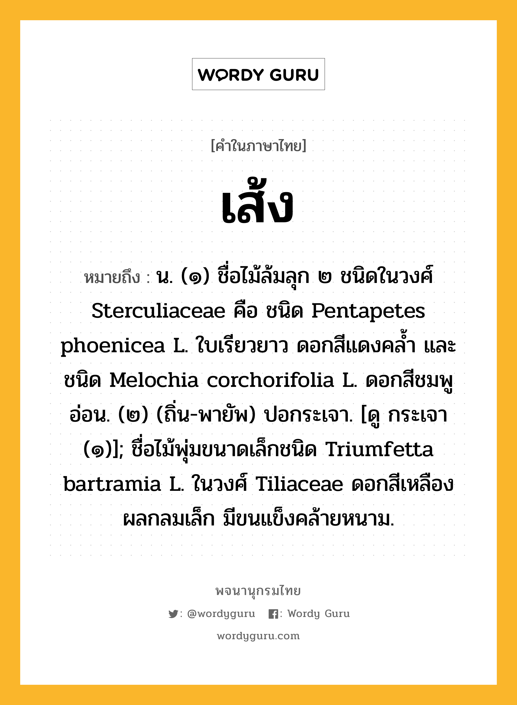 เส้ง ความหมาย หมายถึงอะไร?, คำในภาษาไทย เส้ง หมายถึง น. (๑) ชื่อไม้ล้มลุก ๒ ชนิดในวงศ์ Sterculiaceae คือ ชนิด Pentapetes phoenicea L. ใบเรียวยาว ดอกสีแดงคลํ้า และชนิด Melochia corchorifolia L. ดอกสีชมพูอ่อน. (๒) (ถิ่น-พายัพ) ปอกระเจา. [ดู กระเจา (๑)]; ชื่อไม้พุ่มขนาดเล็กชนิด Triumfetta bartramia L. ในวงศ์ Tiliaceae ดอกสีเหลือง ผลกลมเล็ก มีขนแข็งคล้ายหนาม.