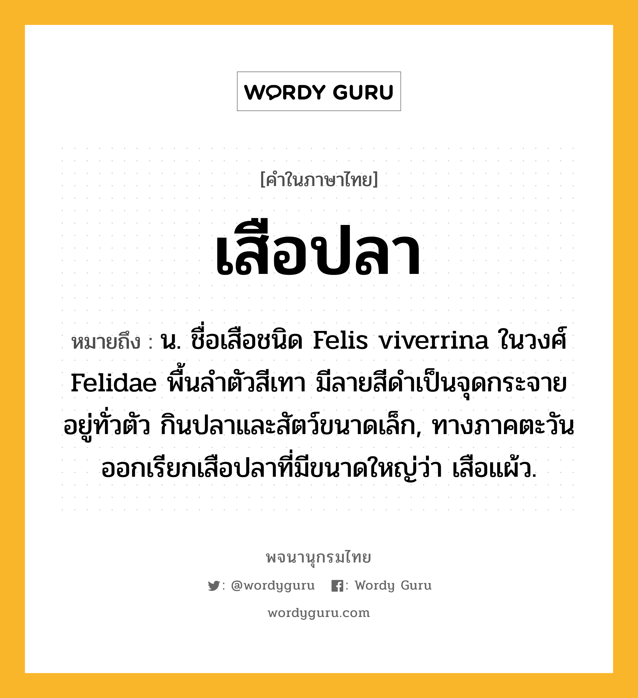 เสือปลา ความหมาย หมายถึงอะไร?, คำในภาษาไทย เสือปลา หมายถึง น. ชื่อเสือชนิด Felis viverrina ในวงศ์ Felidae พื้นลําตัวสีเทา มีลายสีดําเป็นจุดกระจายอยู่ทั่วตัว กินปลาและสัตว์ขนาดเล็ก, ทางภาคตะวันออกเรียกเสือปลาที่มีขนาดใหญ่ว่า เสือแผ้ว.