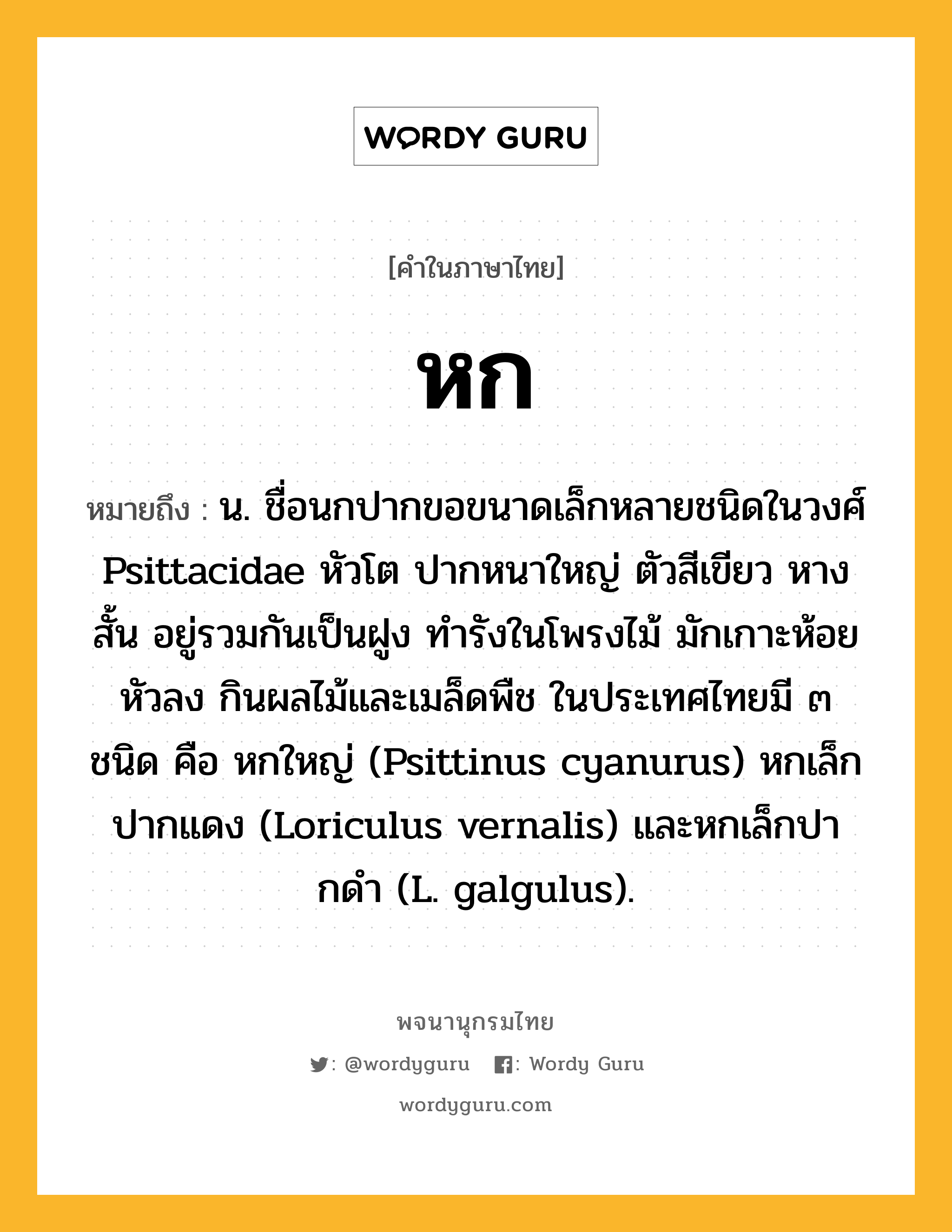 หก ความหมาย หมายถึงอะไร?, คำในภาษาไทย หก หมายถึง น. ชื่อนกปากขอขนาดเล็กหลายชนิดในวงศ์ Psittacidae หัวโต ปากหนาใหญ่ ตัวสีเขียว หางสั้น อยู่รวมกันเป็นฝูง ทํารังในโพรงไม้ มักเกาะห้อยหัวลง กินผลไม้และเมล็ดพืช ในประเทศไทยมี ๓ ชนิด คือ หกใหญ่ (Psittinus cyanurus) หกเล็กปากแดง (Loriculus vernalis) และหกเล็กปากดํา (L. galgulus).