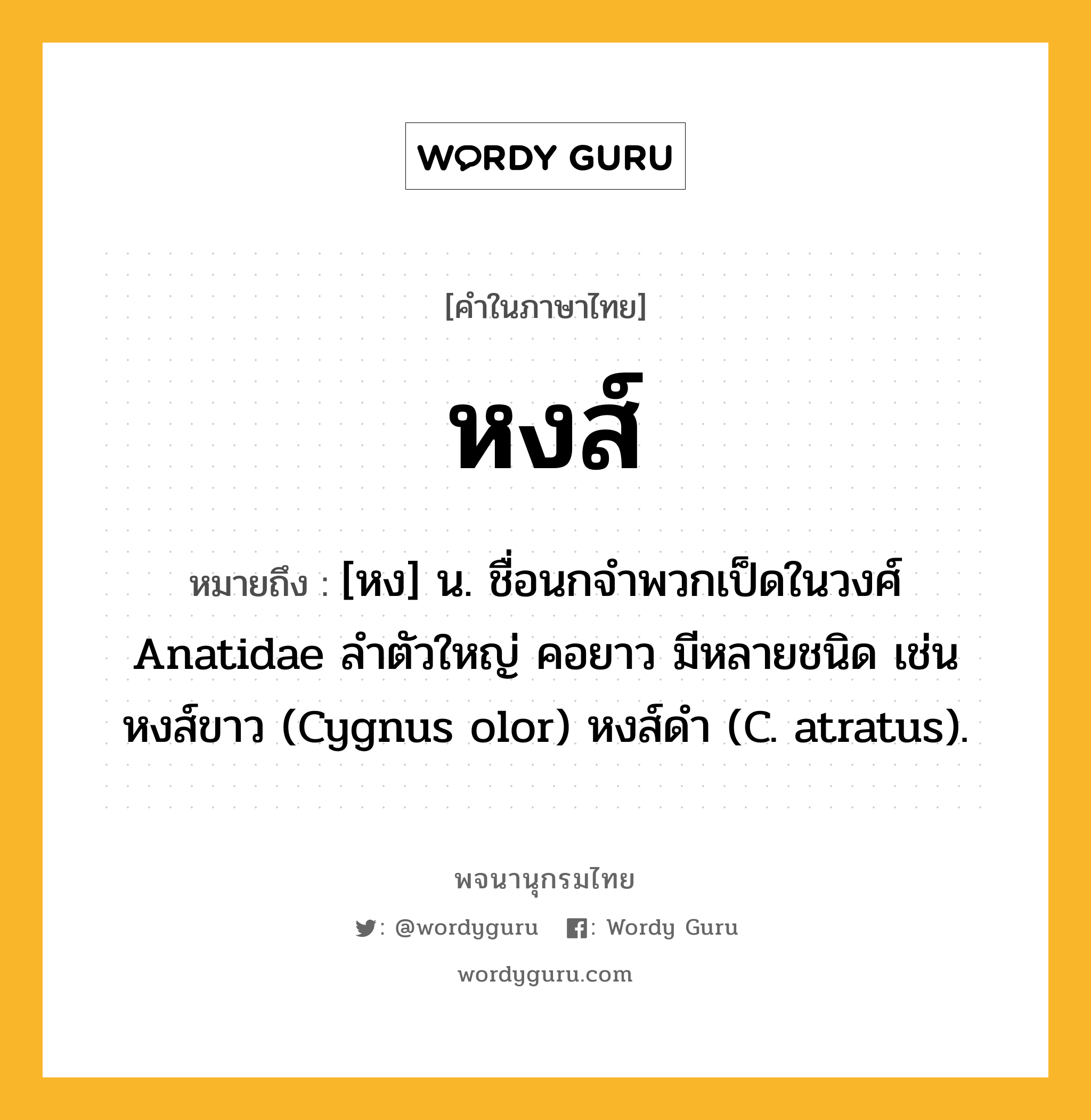 หงส์ ความหมาย หมายถึงอะไร?, คำในภาษาไทย หงส์ หมายถึง [หง] น. ชื่อนกจําพวกเป็ดในวงศ์ Anatidae ลําตัวใหญ่ คอยาว มีหลายชนิด เช่น หงส์ขาว (Cygnus olor) หงส์ดํา (C. atratus).