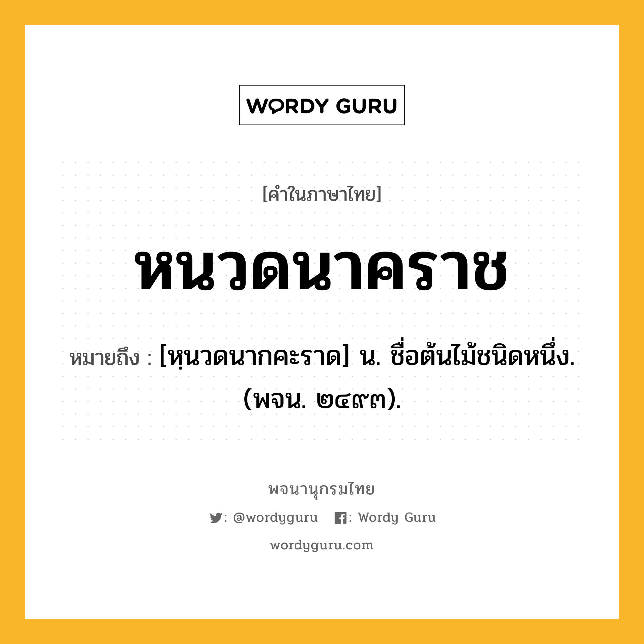 หนวดนาคราช ความหมาย หมายถึงอะไร?, คำในภาษาไทย หนวดนาคราช หมายถึง [หฺนวดนากคะราด] น. ชื่อต้นไม้ชนิดหนึ่ง. (พจน. ๒๔๙๓).