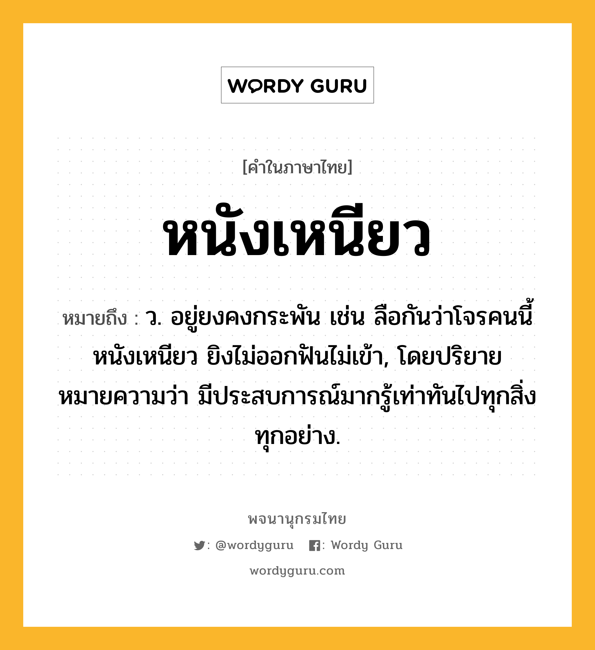 หนังเหนียว ความหมาย หมายถึงอะไร?, คำในภาษาไทย หนังเหนียว หมายถึง ว. อยู่ยงคงกระพัน เช่น ลือกันว่าโจรคนนี้หนังเหนียว ยิงไม่ออกฟันไม่เข้า, โดยปริยายหมายความว่า มีประสบการณ์มากรู้เท่าทันไปทุกสิ่งทุกอย่าง.