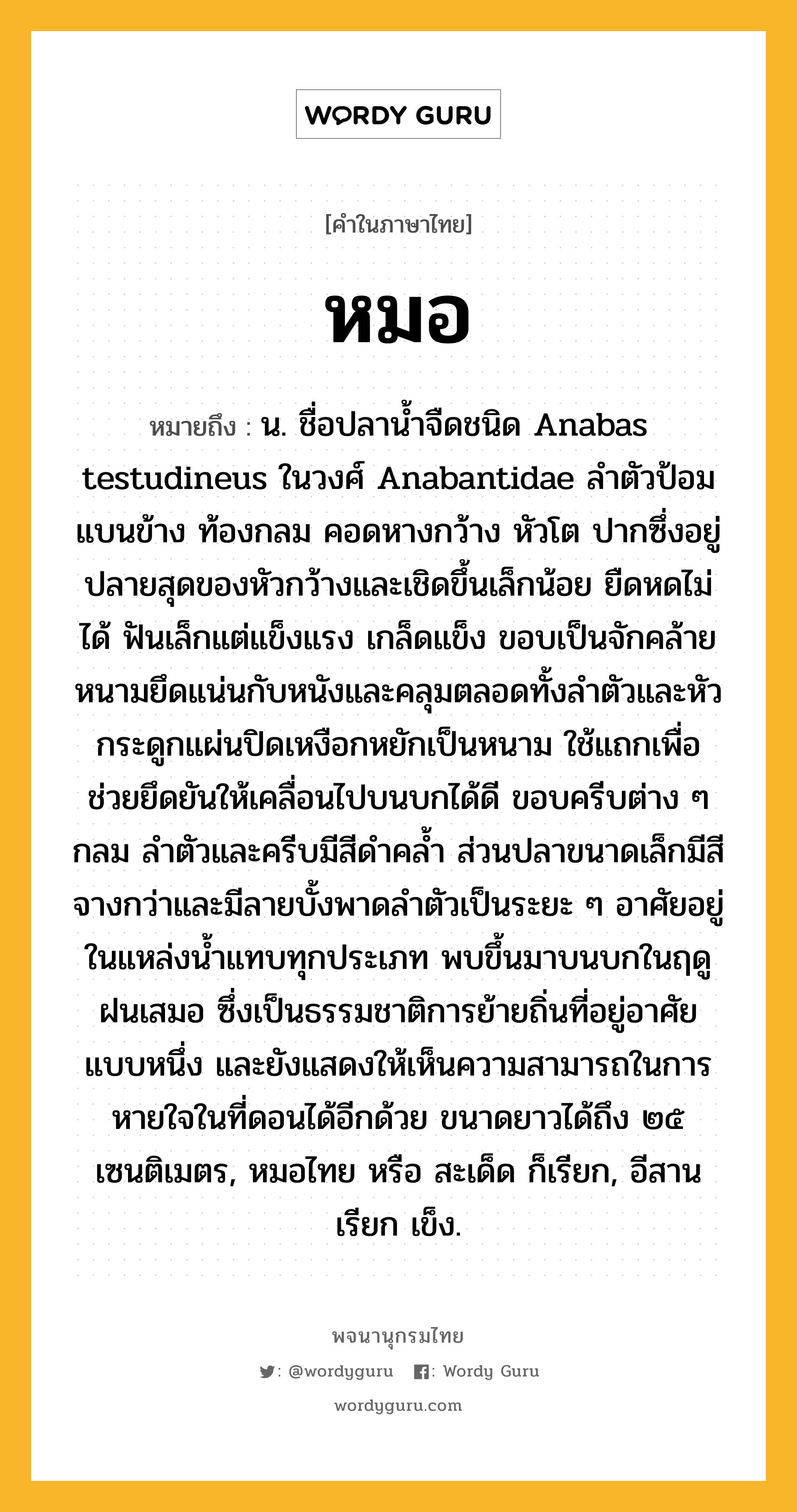 หมอ ความหมาย หมายถึงอะไร?, คำในภาษาไทย หมอ หมายถึง น. ชื่อปลานํ้าจืดชนิด Anabas testudineus ในวงศ์ Anabantidae ลําตัวป้อม แบนข้าง ท้องกลม คอดหางกว้าง หัวโต ปากซึ่งอยู่ปลายสุดของหัวกว้างและเชิดขึ้นเล็กน้อย ยืดหดไม่ได้ ฟันเล็กแต่แข็งแรง เกล็ดแข็ง ขอบเป็นจักคล้ายหนามยึดแน่นกับหนังและคลุมตลอดทั้งลําตัวและหัว กระดูกแผ่นปิดเหงือกหยักเป็นหนาม ใช้แถกเพื่อช่วยยึดยันให้เคลื่อนไปบนบกได้ดี ขอบครีบต่าง ๆ กลม ลําตัวและครีบมีสีดําคลํ้า ส่วนปลาขนาดเล็กมีสีจางกว่าและมีลายบั้งพาดลําตัวเป็นระยะ ๆ อาศัยอยู่ในแหล่งนํ้าแทบทุกประเภท พบขึ้นมาบนบกในฤดูฝนเสมอ ซึ่งเป็นธรรมชาติการย้ายถิ่นที่อยู่อาศัยแบบหนึ่ง และยังแสดงให้เห็นความสามารถในการหายใจในที่ดอนได้อีกด้วย ขนาดยาวได้ถึง ๒๕ เซนติเมตร, หมอไทย หรือ สะเด็ด ก็เรียก, อีสานเรียก เข็ง.