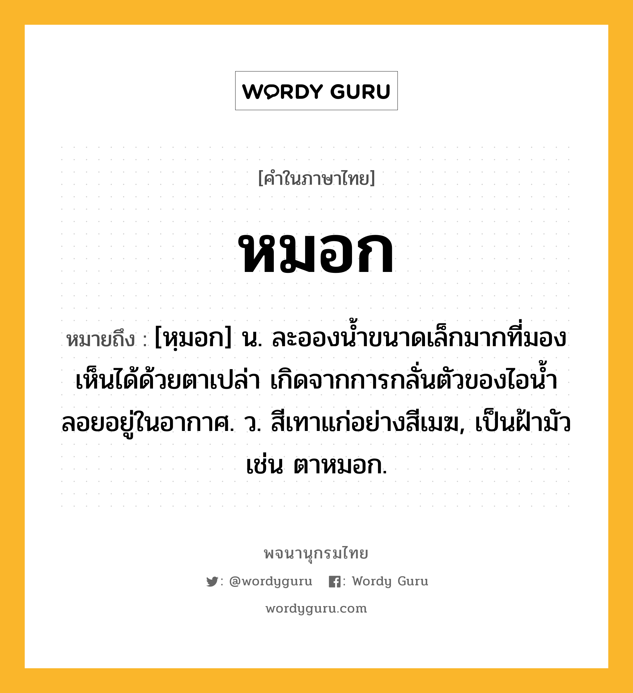 หมอก ความหมาย หมายถึงอะไร?, คำในภาษาไทย หมอก หมายถึง [หฺมอก] น. ละอองน้ำขนาดเล็กมากที่มองเห็นได้ด้วยตาเปล่า เกิดจากการกลั่นตัวของไอนํ้า ลอยอยู่ในอากาศ. ว. สีเทาแก่อย่างสีเมฆ, เป็นฝ้ามัว เช่น ตาหมอก.