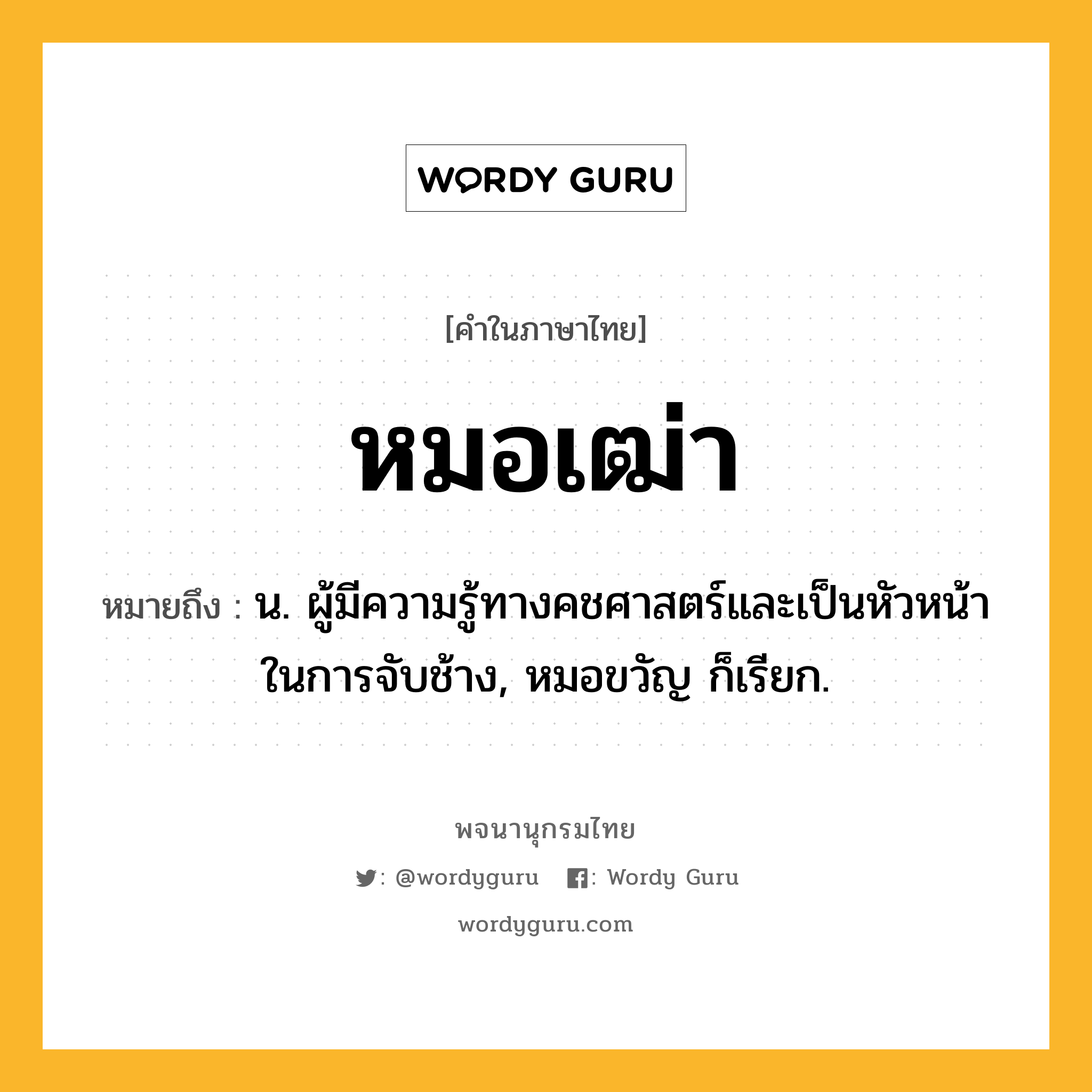 หมอเฒ่า ความหมาย หมายถึงอะไร?, คำในภาษาไทย หมอเฒ่า หมายถึง น. ผู้มีความรู้ทางคชศาสตร์และเป็นหัวหน้าในการจับช้าง, หมอขวัญ ก็เรียก.