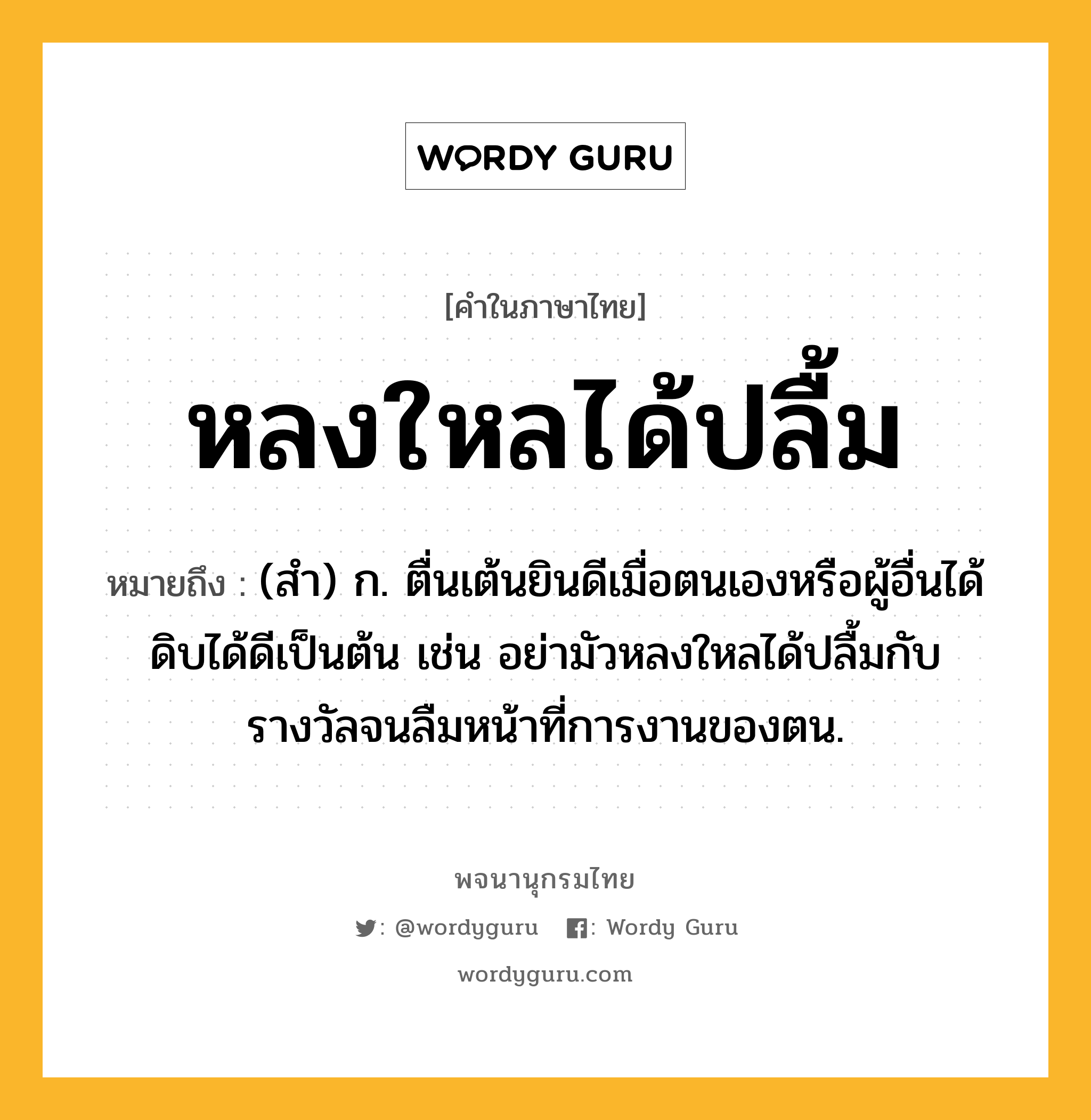 หลงใหลได้ปลื้ม ความหมาย หมายถึงอะไร?, คำในภาษาไทย หลงใหลได้ปลื้ม หมายถึง (สำ) ก. ตื่นเต้นยินดีเมื่อตนเองหรือผู้อื่นได้ดิบได้ดีเป็นต้น เช่น อย่ามัวหลงใหลได้ปลื้มกับรางวัลจนลืมหน้าที่การงานของตน.